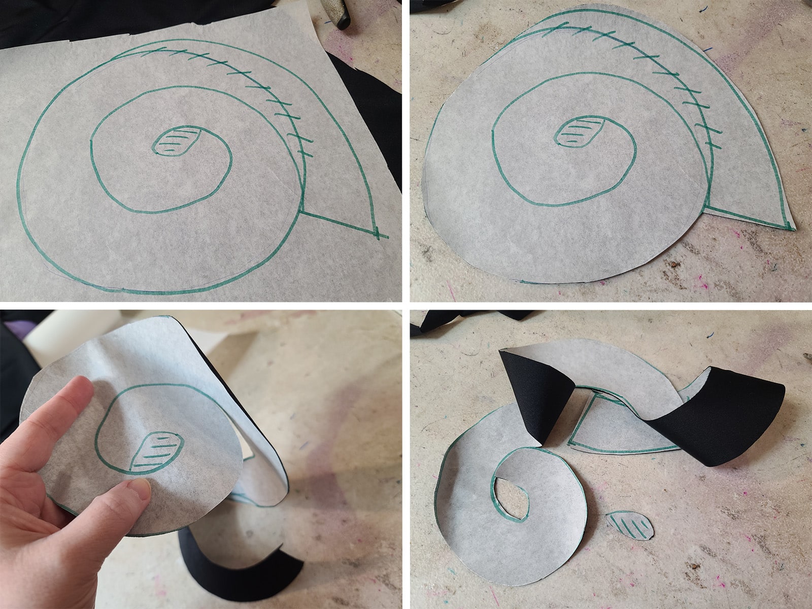 A 4 part image showing a spiral pattern being used to cut out a piece of black spandex.