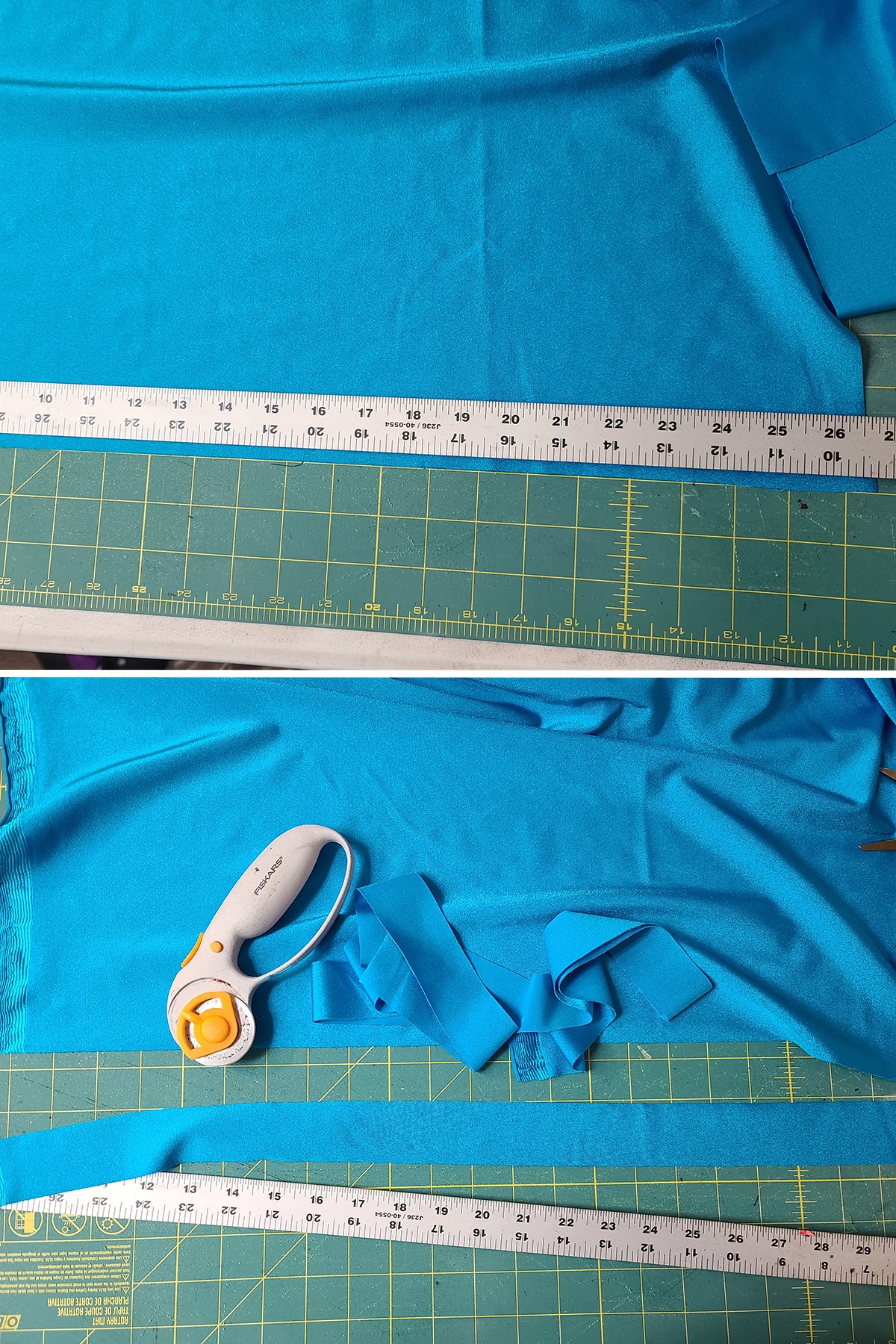 A two part image showing a ruler and rotary cutter being used to cut strips of blue spandex.