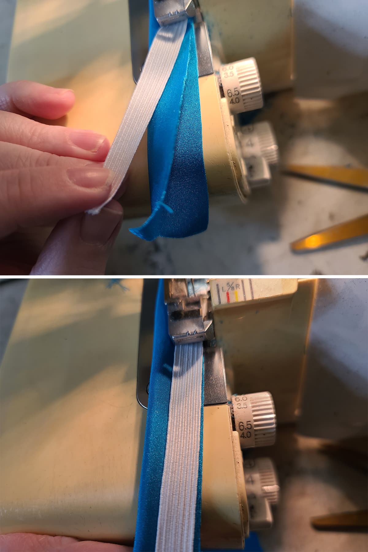 The blue spandex folded in half, elastic being stitched down to it.