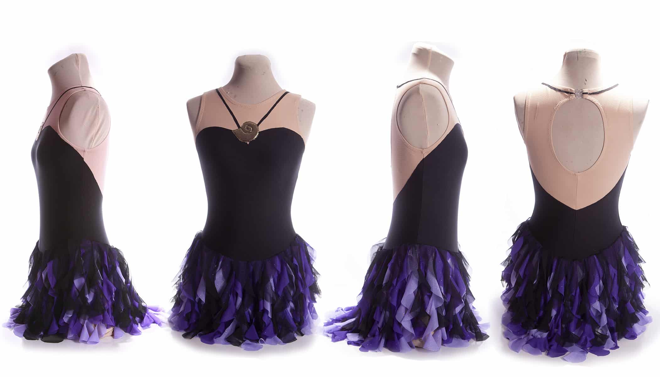 Fron, back, and side views of a figure skating dress made to look like Ursula from the Little Mermaid.