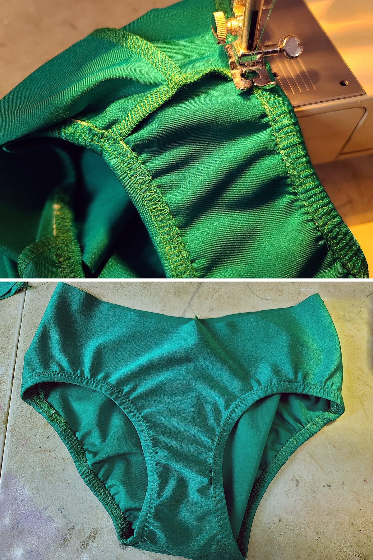 A 2 part image showing the elastic leg holes of a green swimsuit being flipped and top stitched.