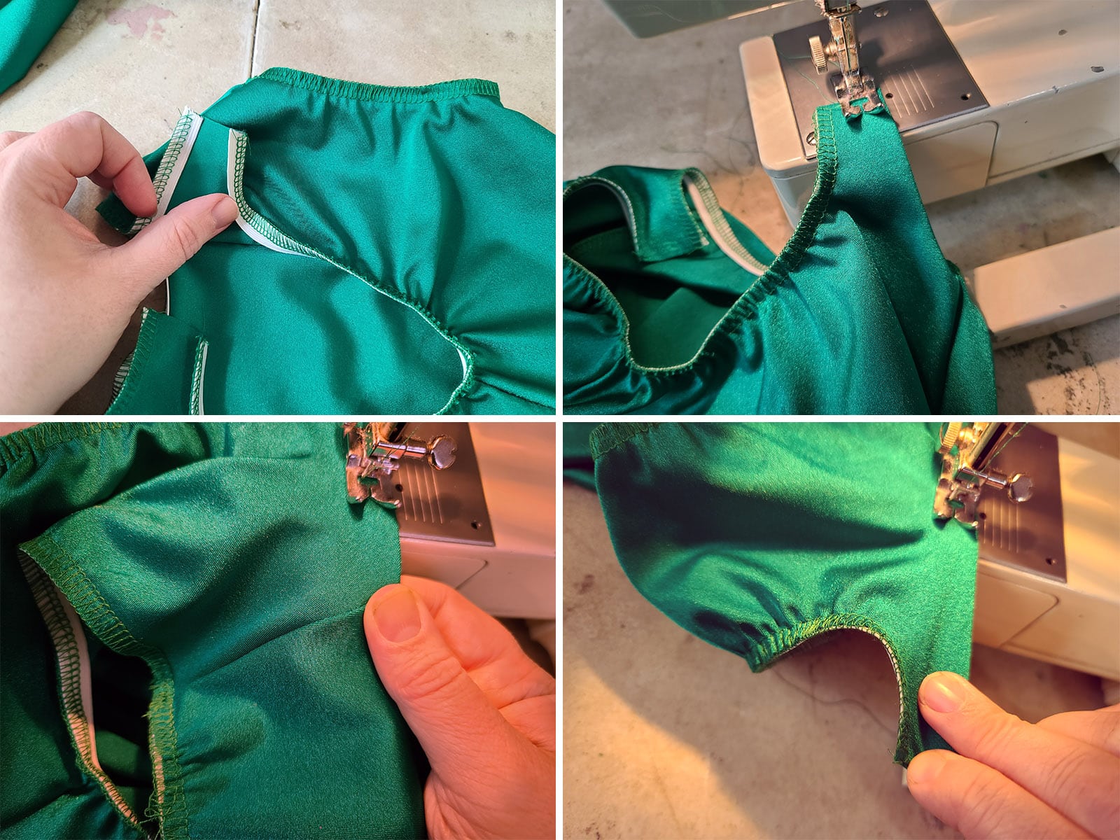 A 4 part image showing elastic being sewn into the neckline of a keyhole back swimsuit.