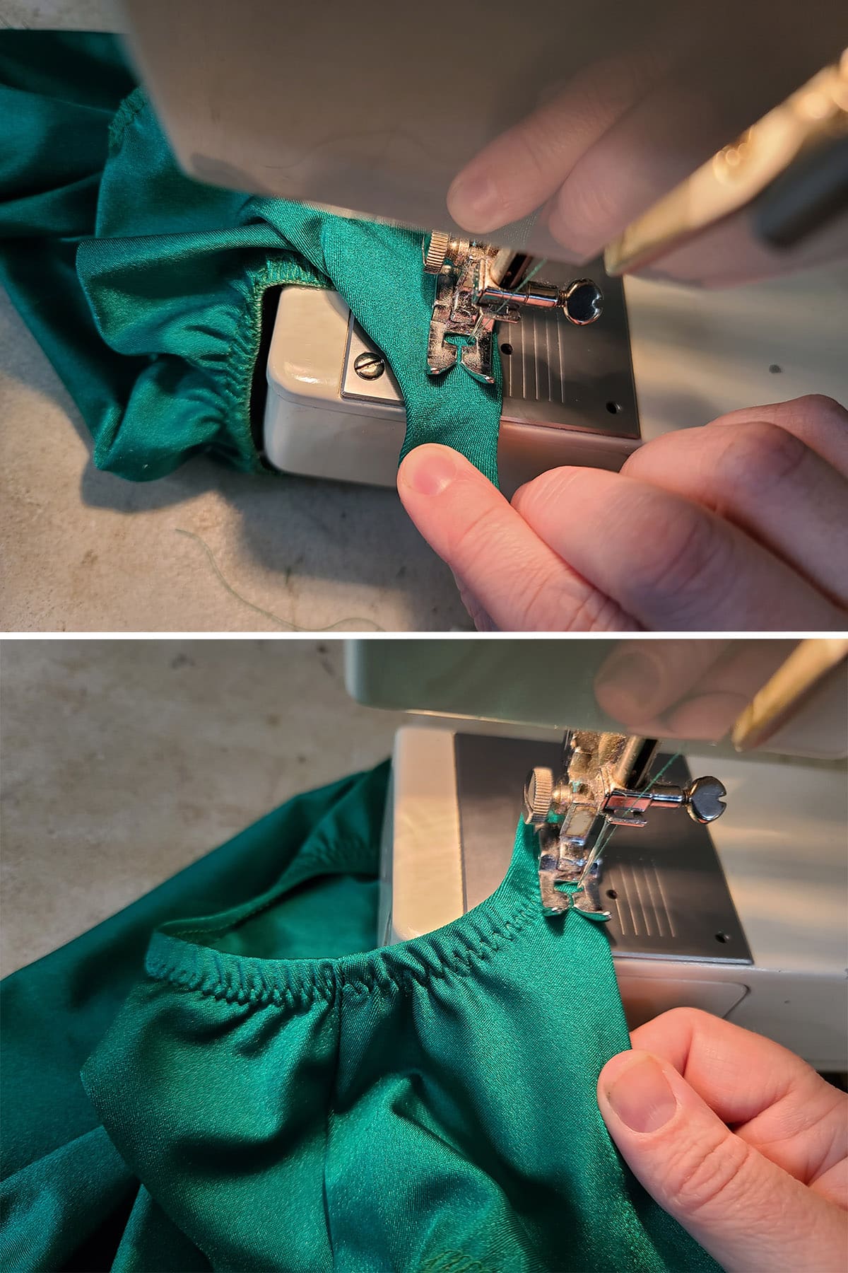 A 2 part image showing the elastic being flipped and top stitched for a keyhole back swimsuit..
