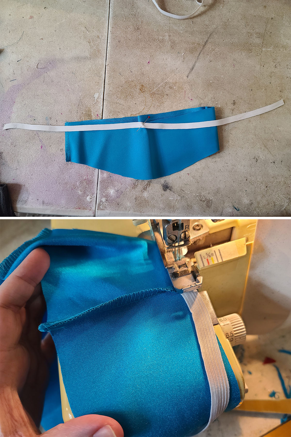 A 2 part image showing the center point of the elastic being pinned to the center front of the waist, and being stitched on.
