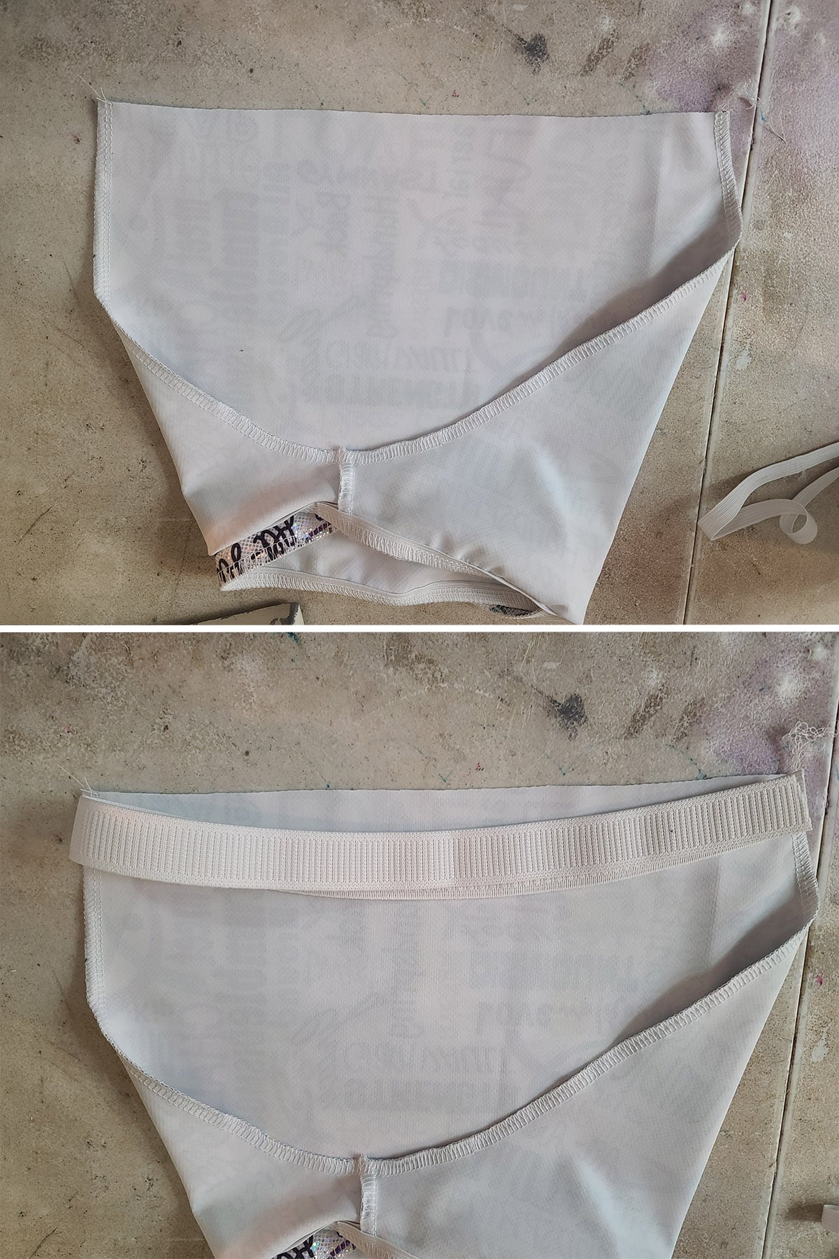 A 4 part image showing elastic being measured against the waist of a pair of booty shorts.