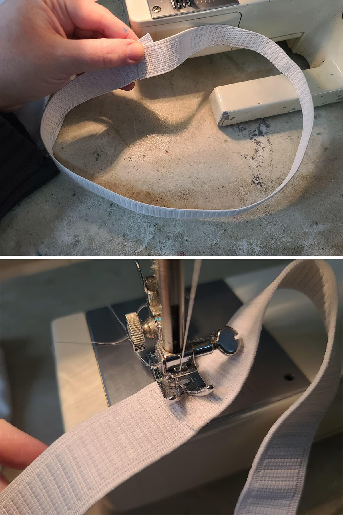 A 2 part image showing wide elastic being sewn into a loop.