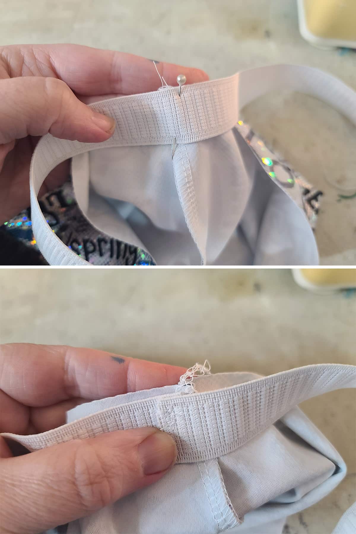 A 2 part image showing the halfway point of the elastic loop being pinned to the center front of a pair of booty shorts.