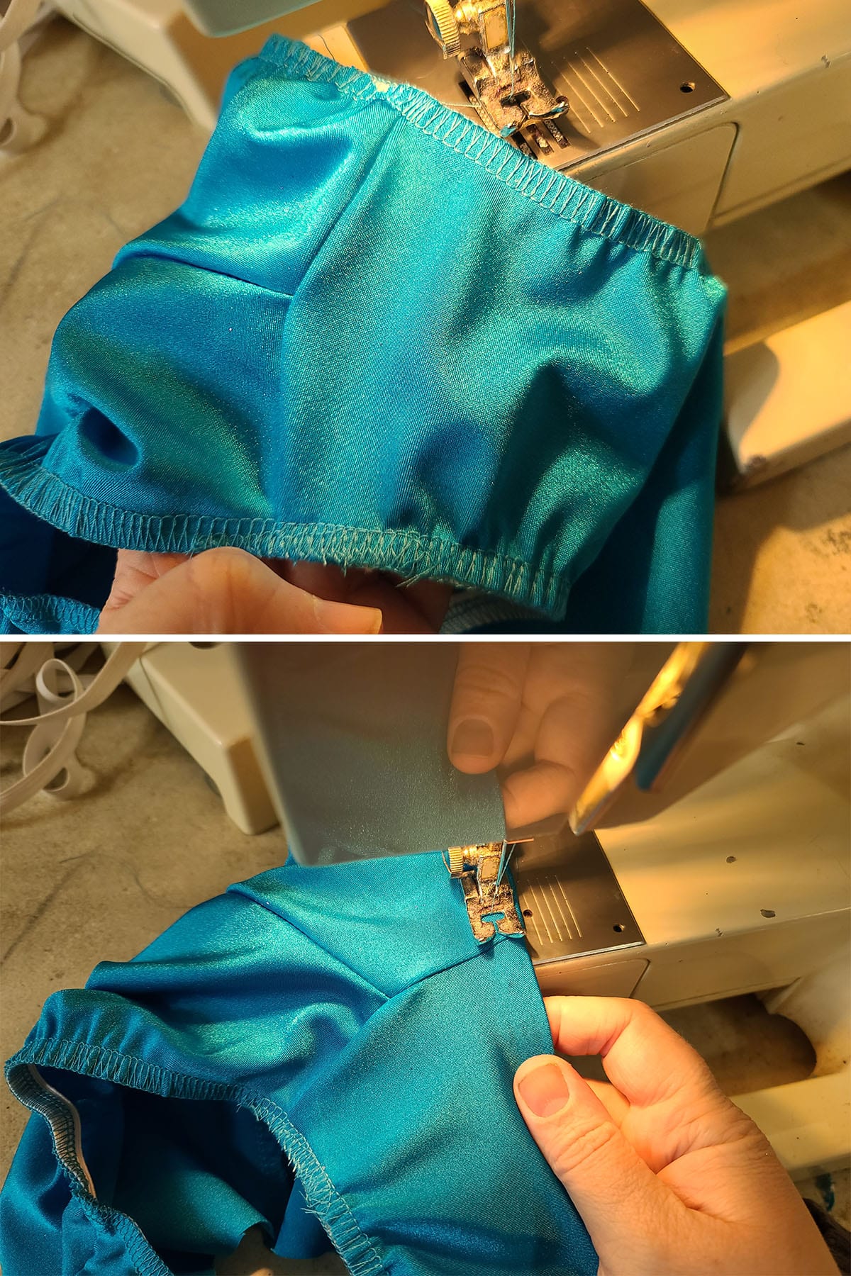 A 2 part image showing elastic being sewn into the skating skirt briefs.