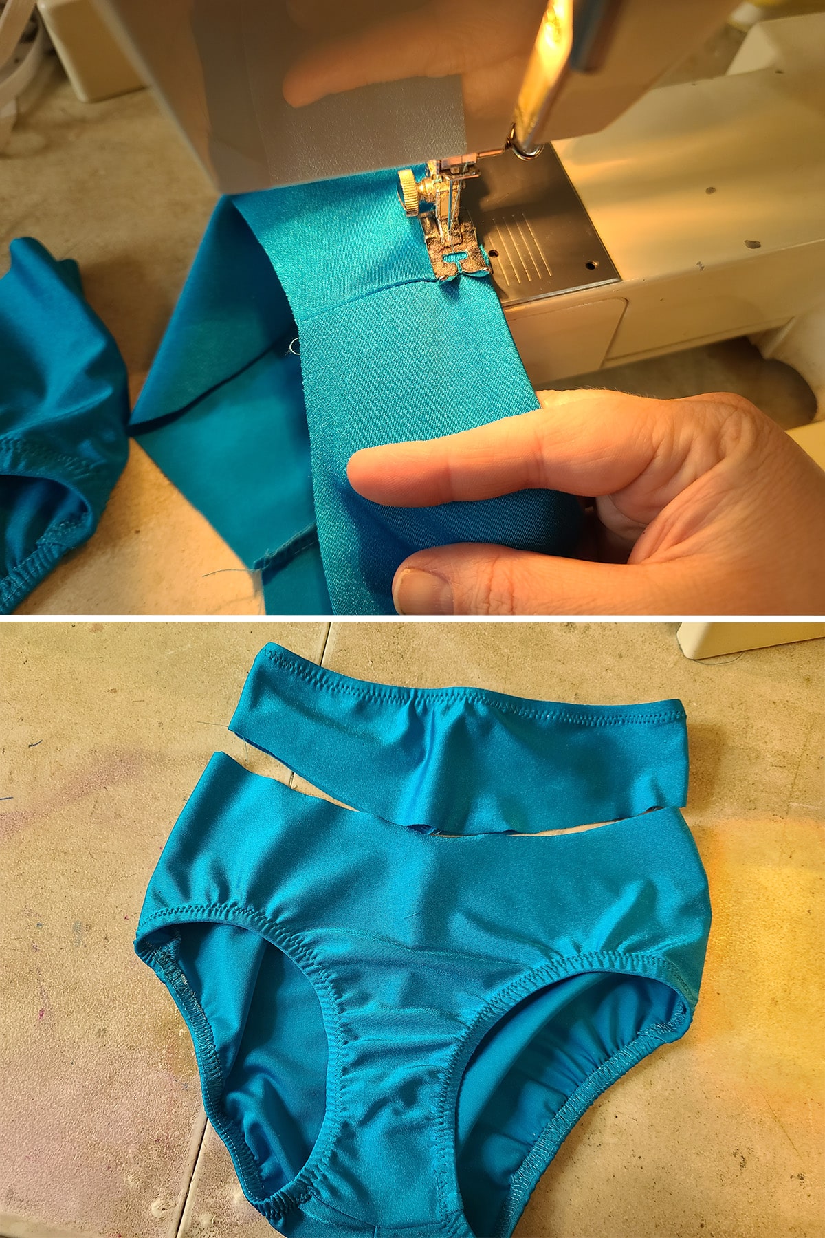A 2 part image showing the elastic being top stitched on the briefs and yoke of the skating skirt.