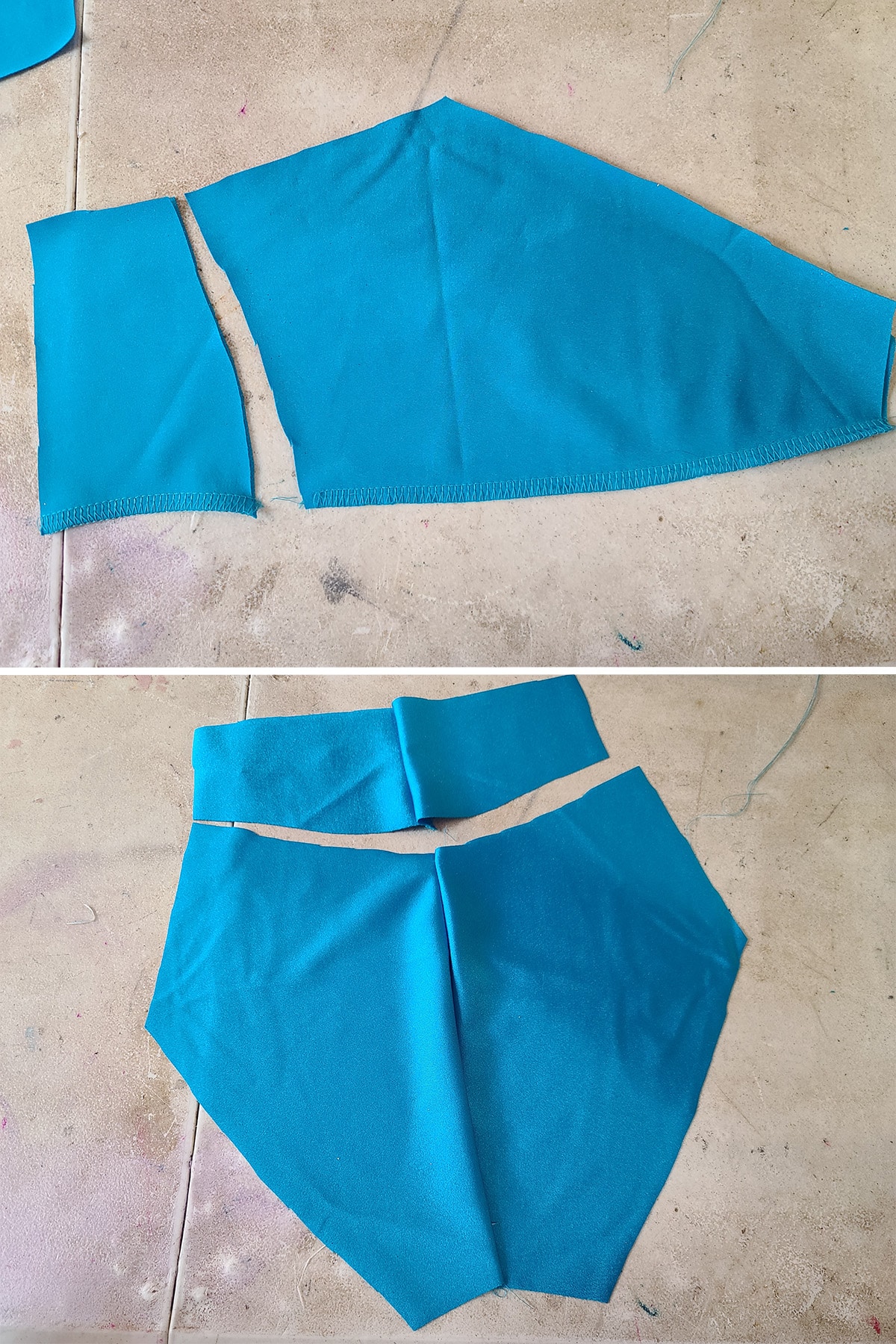 A two part image showing the center back seam of the yoke and briefs being sewn together.