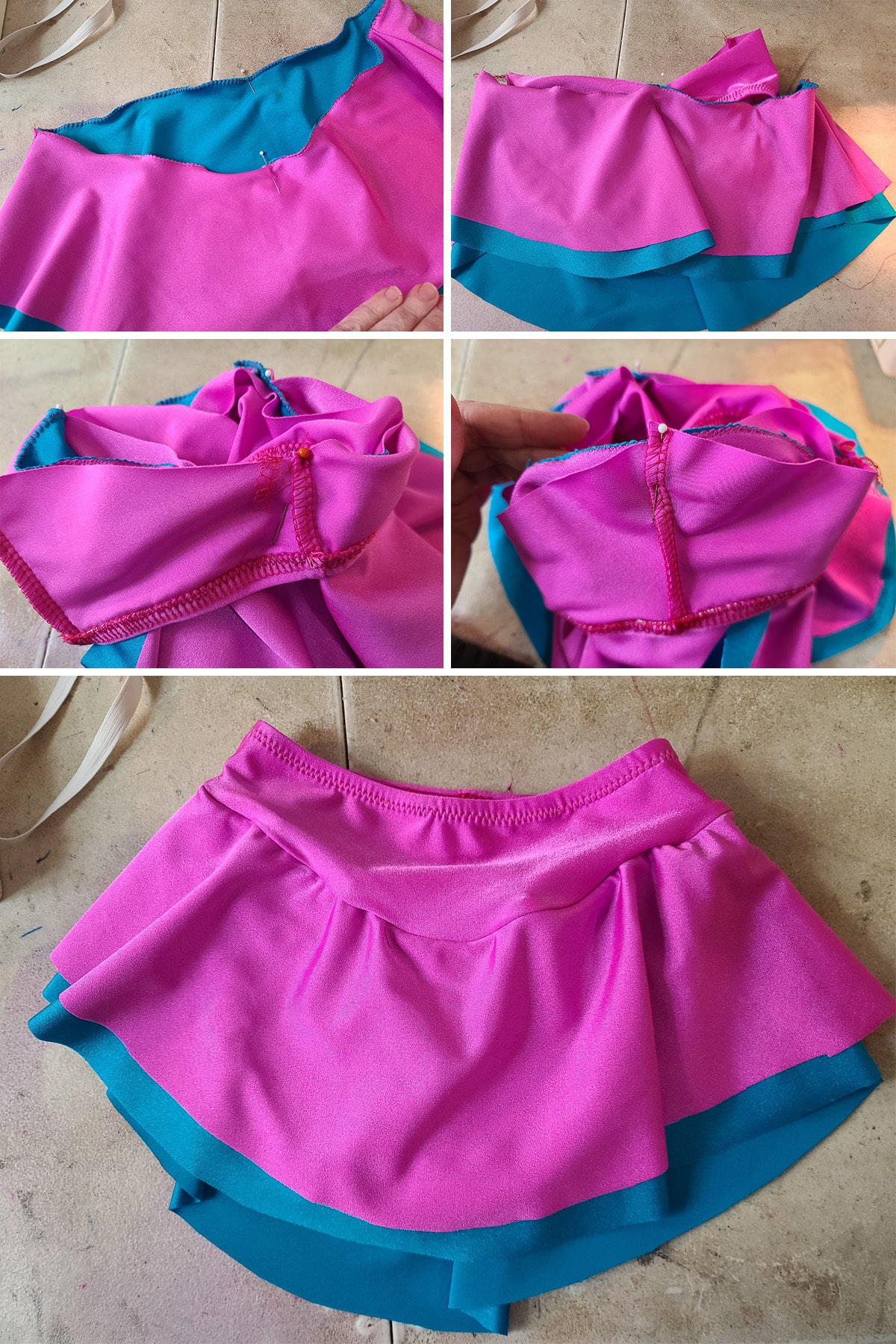 A 5 part image showing a pink figure skating skirt with blue and pink skirt layers being sewn together as described.
