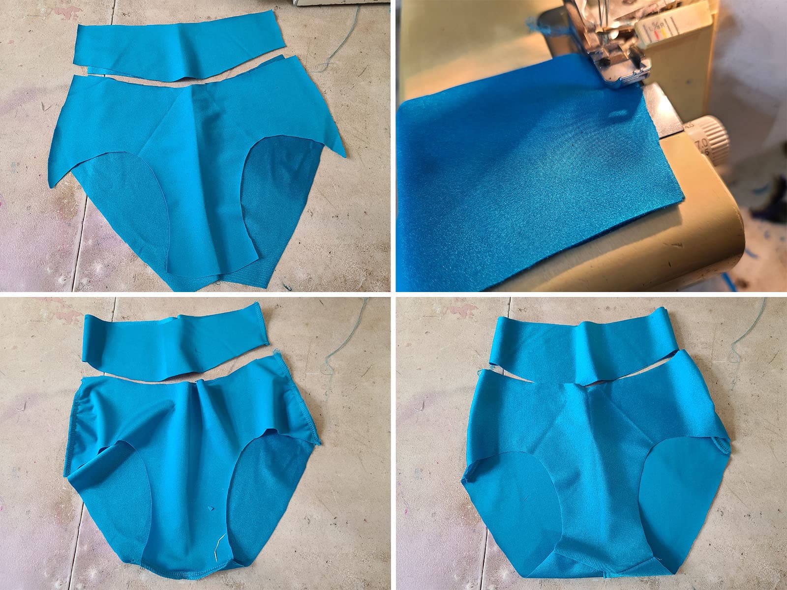 A 4 part image showing the briefs and yoke pieces being laid out and sewn together.