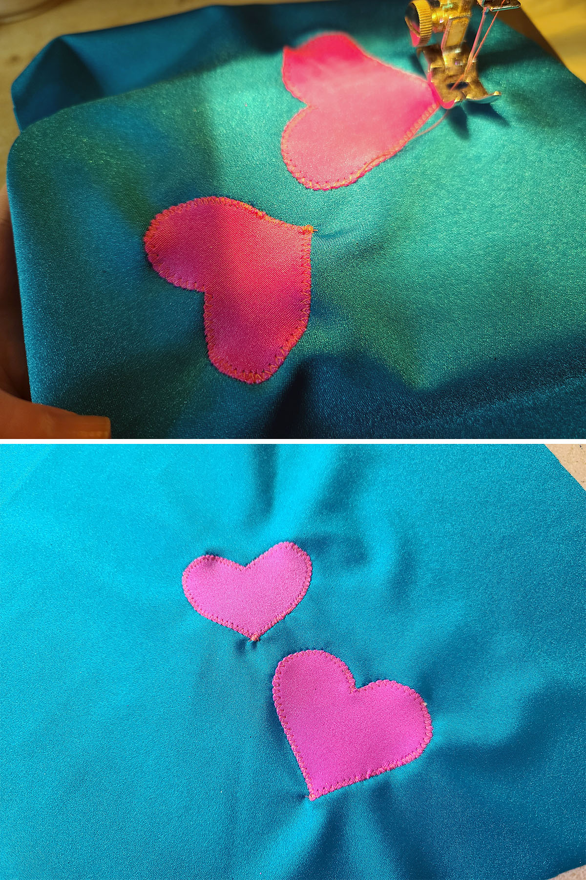 A 2 part image showing pink hearts being sewn onto a turquoise skating skirt.