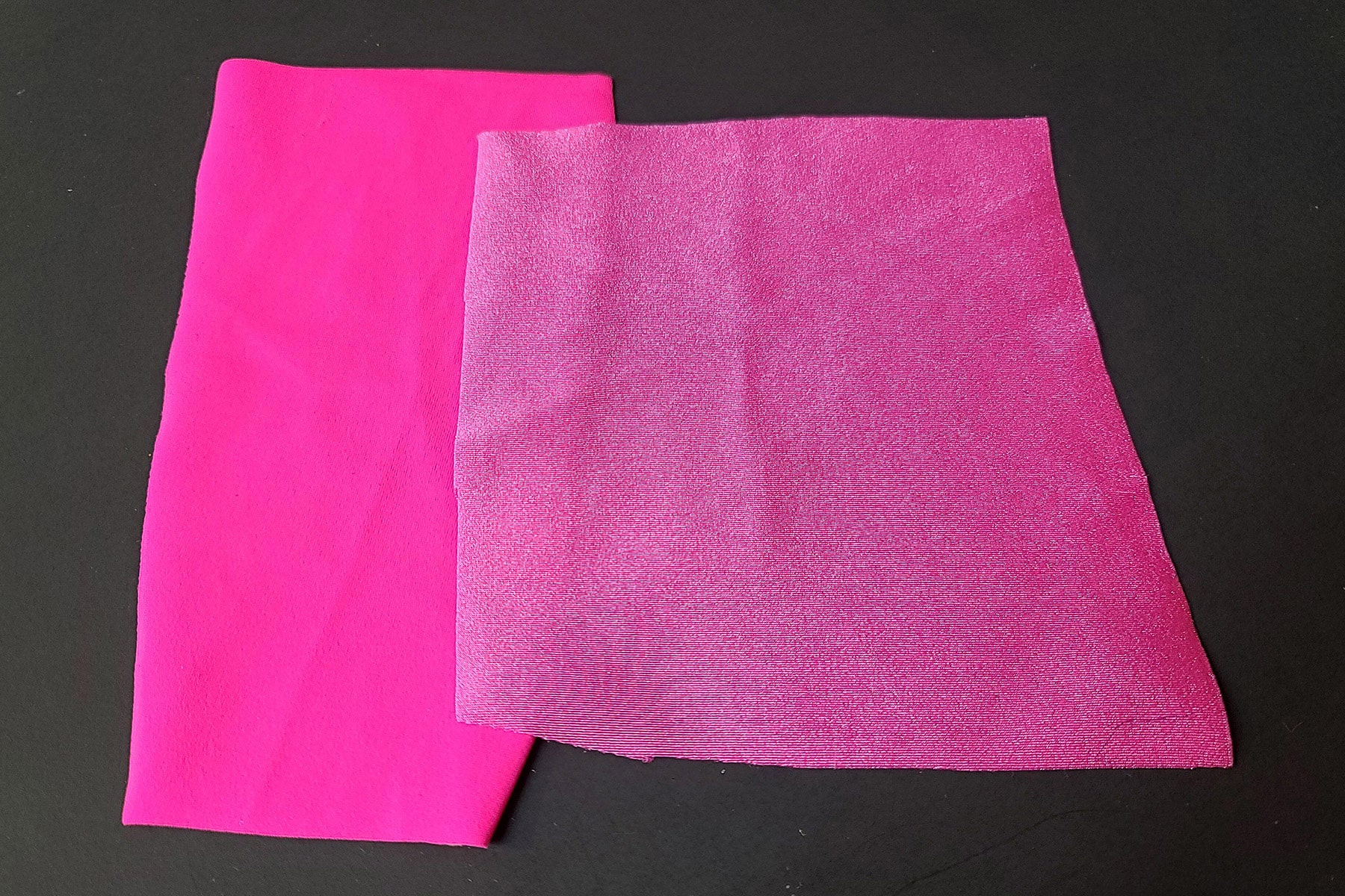A 2 part image showing a piece of shiny pink spandex and a piece of matte pink Lycra®.