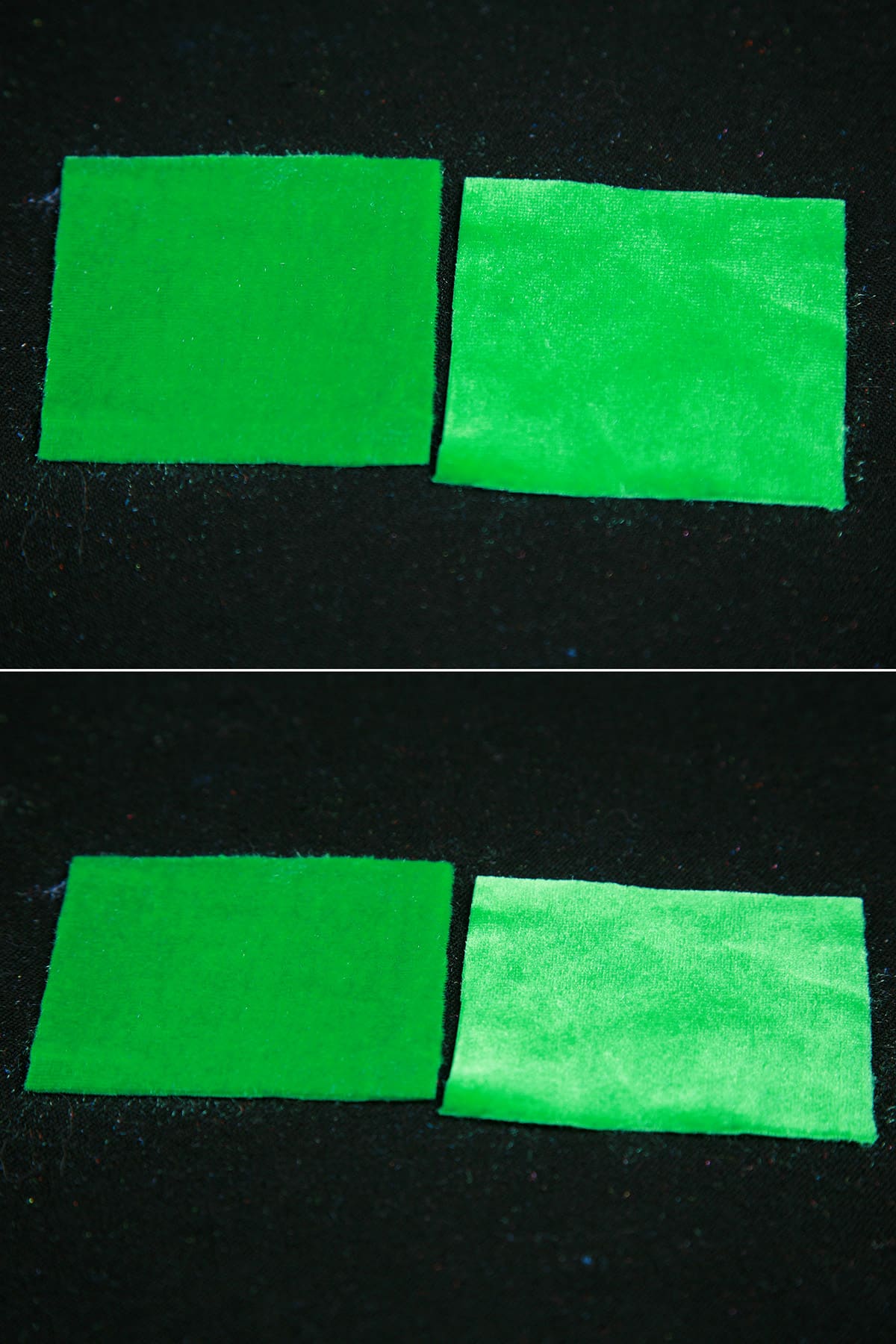 A two part image showing 2 squares of green velvet at different angles.