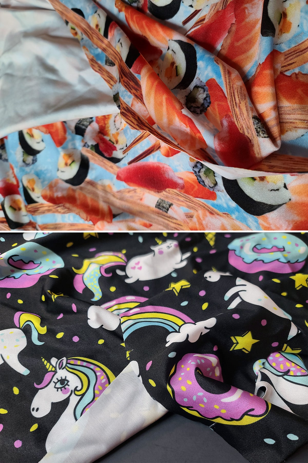 Printed poly spandex in a sushi print, as well as one with a unicorns and rainbows design.