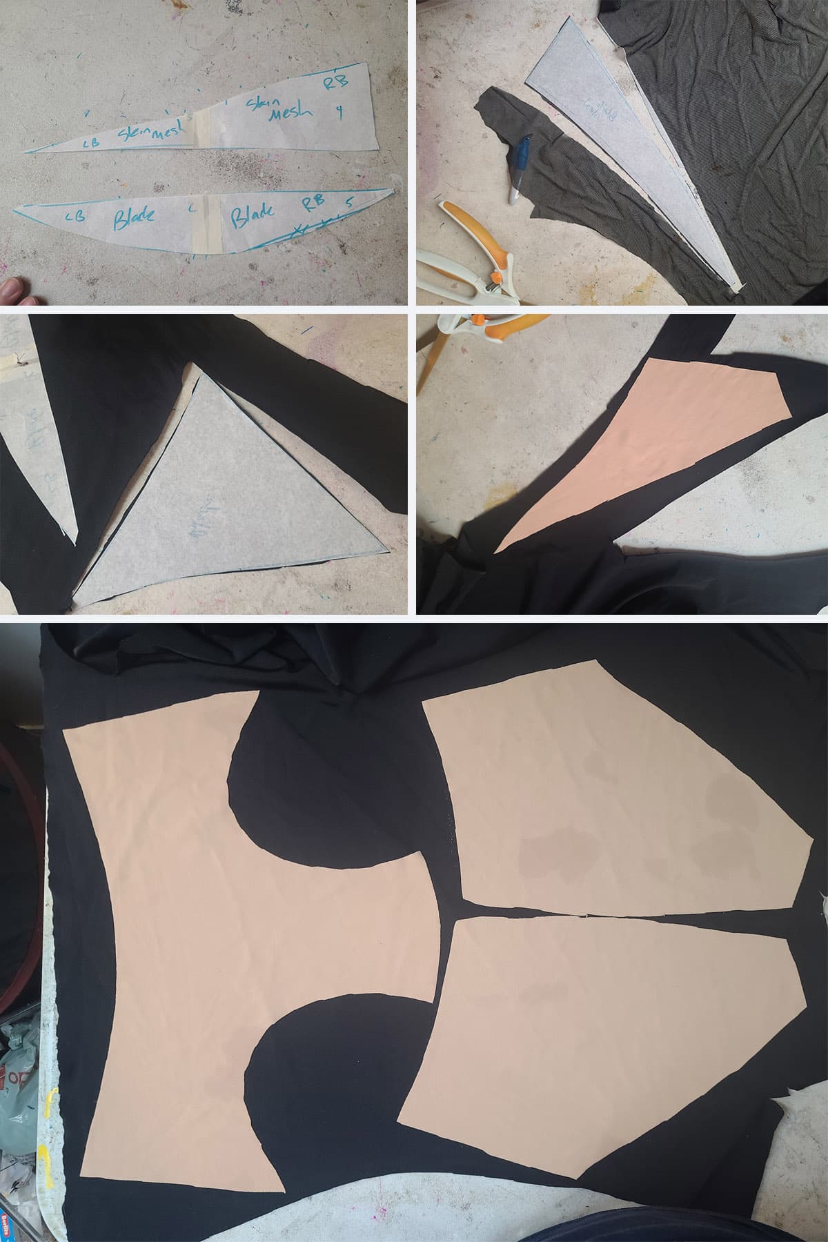 A 5 part image showing various pieces of black spandex being cut out.