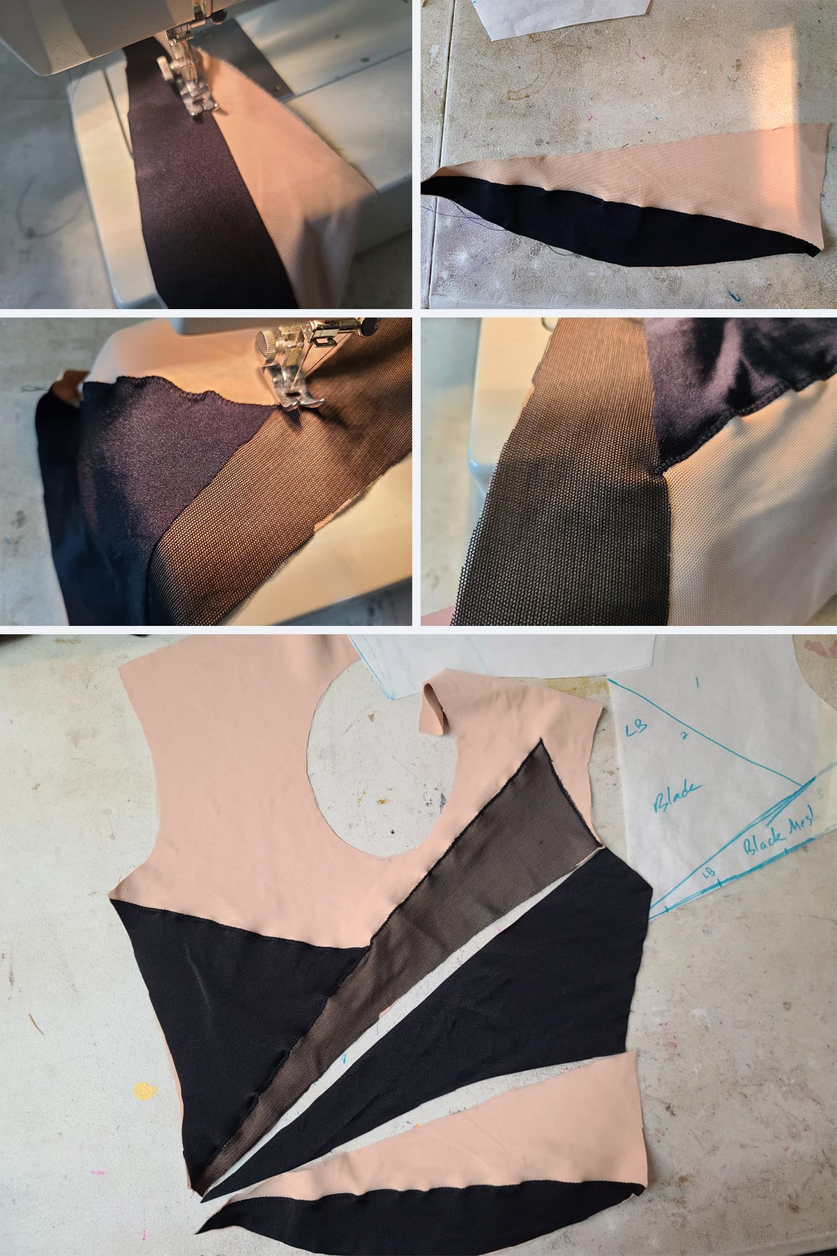 A 5 part image showing the applique being stitched down on the back pieces, then laid out.