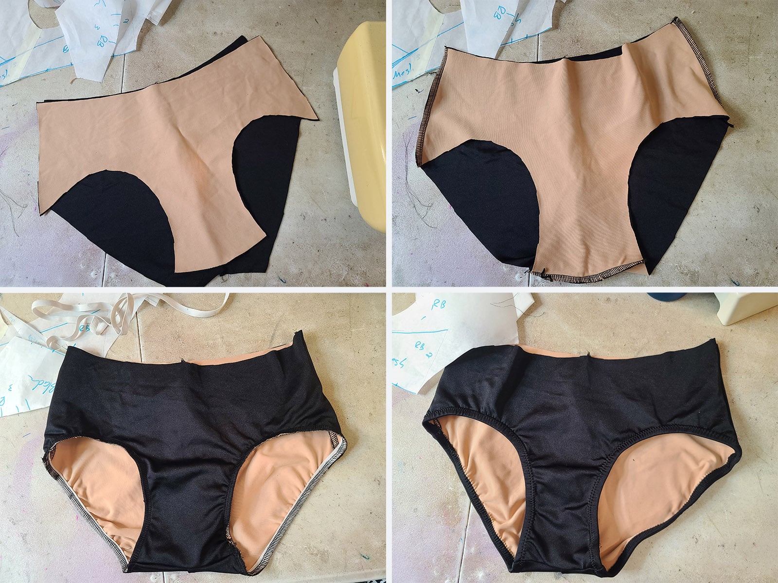 A 4 part image showing the briefs being assembled, from side seams to elastic installation.