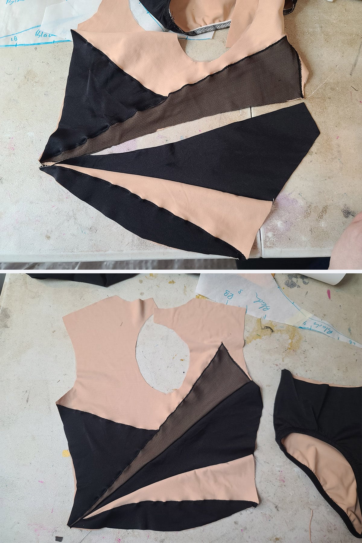 A 2 part image showing the back pieces laid out, then stitched together.