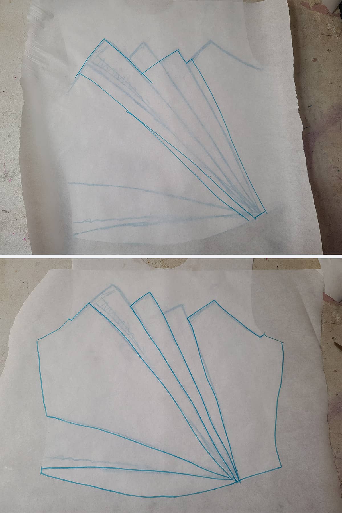 A 2 part image showing tracing paper being used to transfer design elements to a new paper piece.
