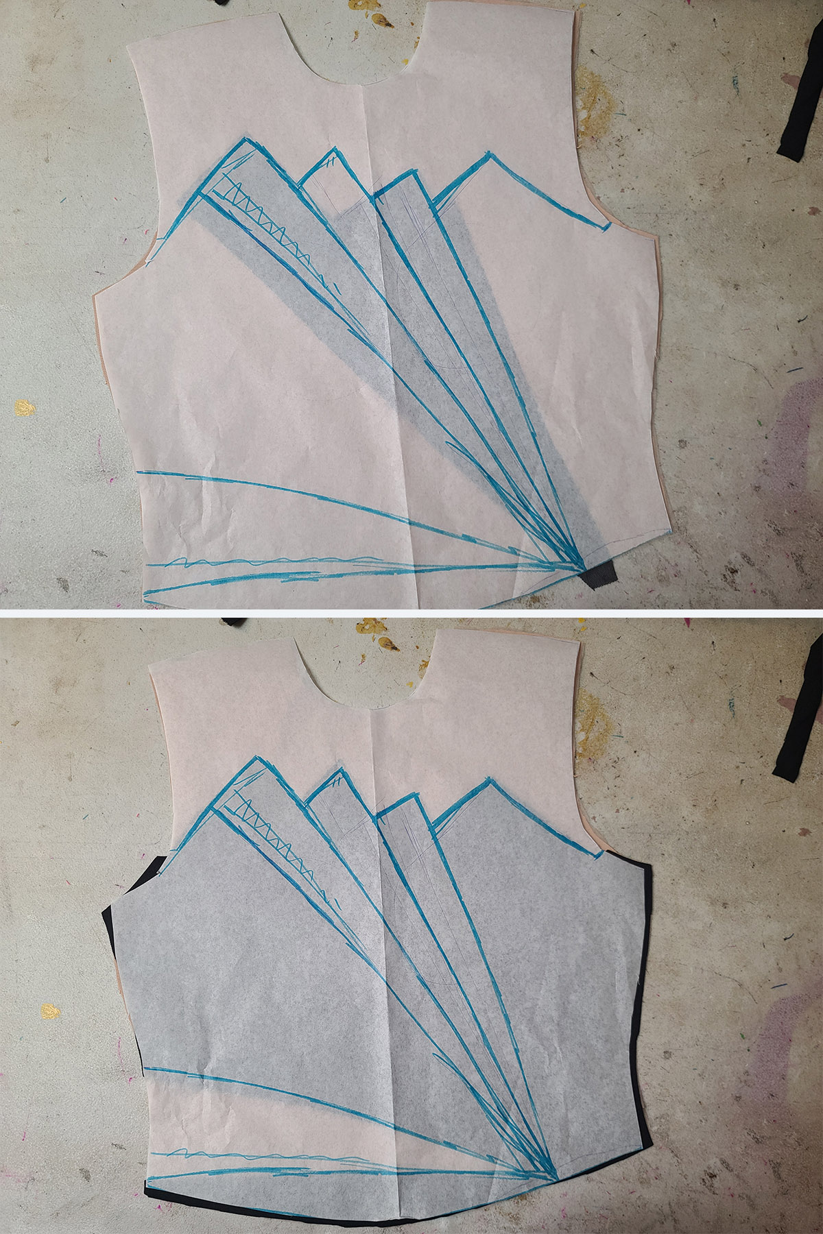 A 2 part image showing the original pattern laid over the bodice pieces.
