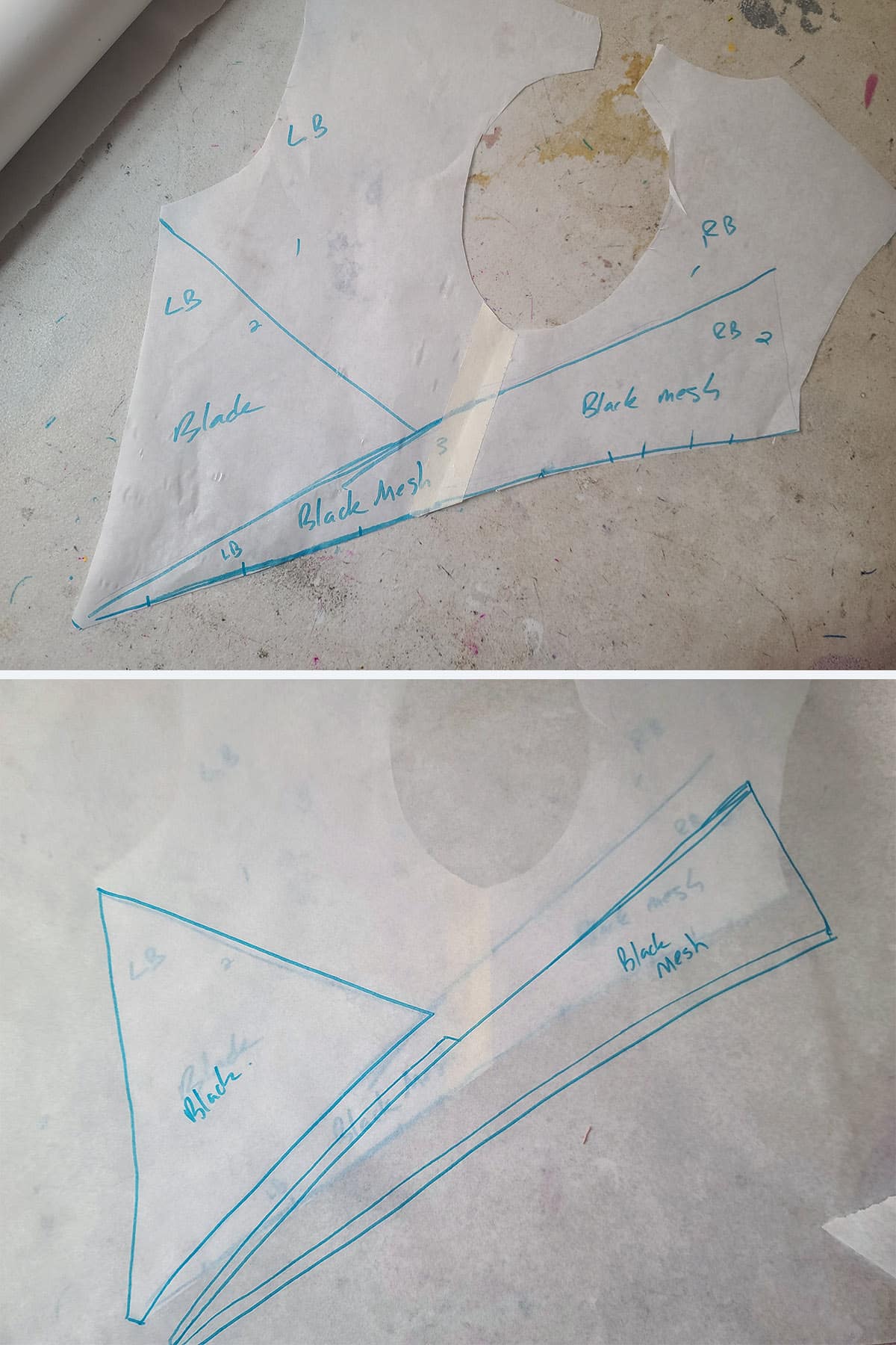 A 2 part image showing the back pattern pieces being traced out to form applique pieces with tabbed sections.