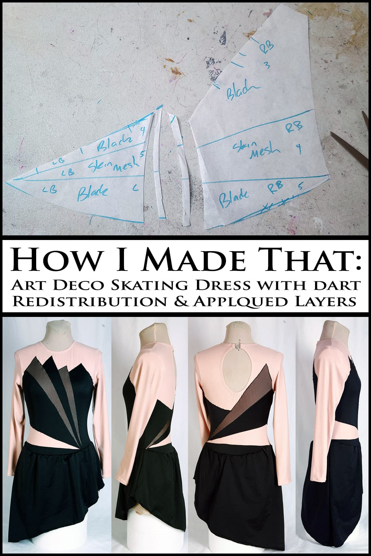 A compilation image showing a chopped up bodice pattern and a finished at deco inspired black figure skating dress.