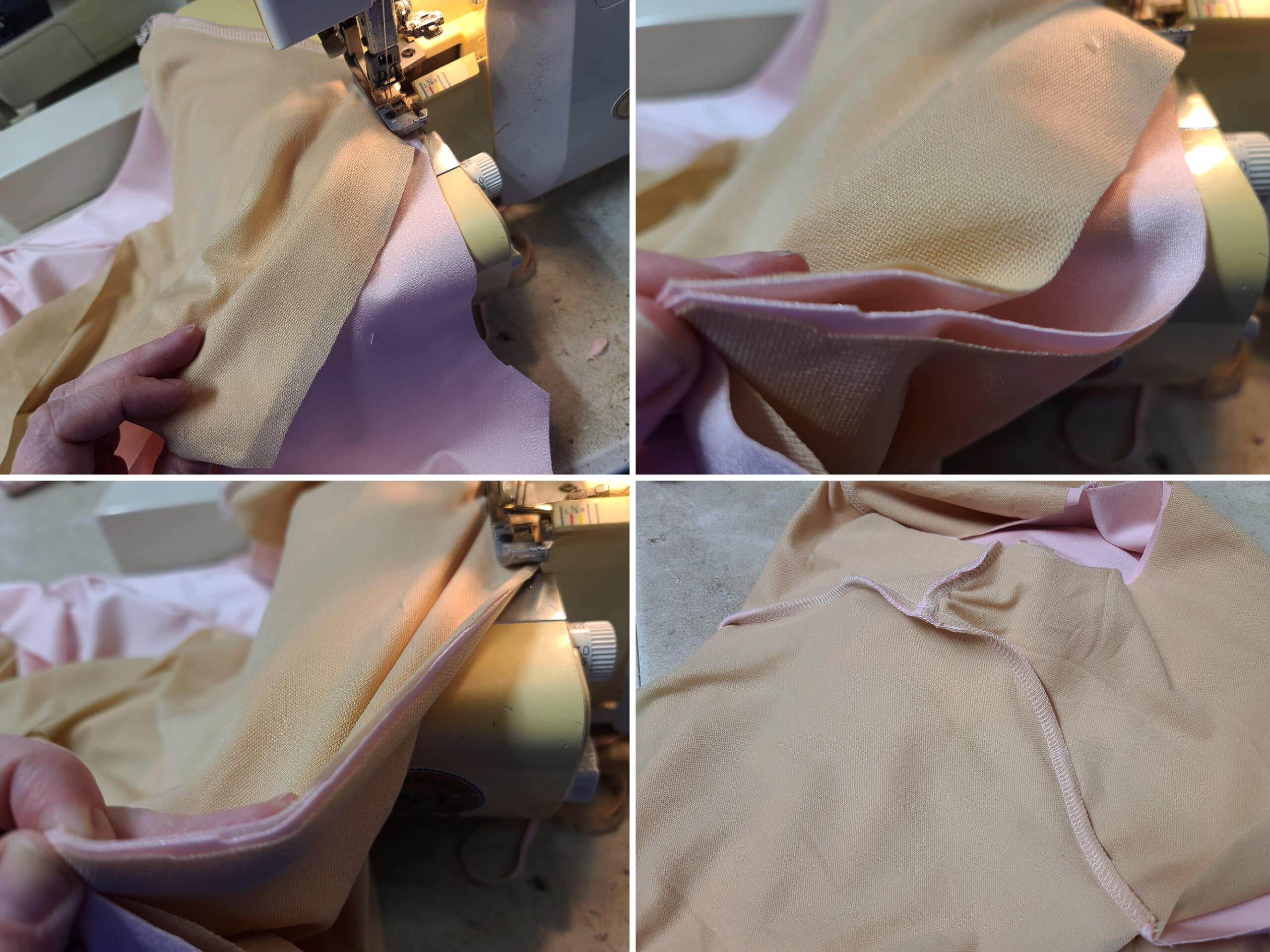 4 part image showing the second half of a flat sleeve seam being sewn.