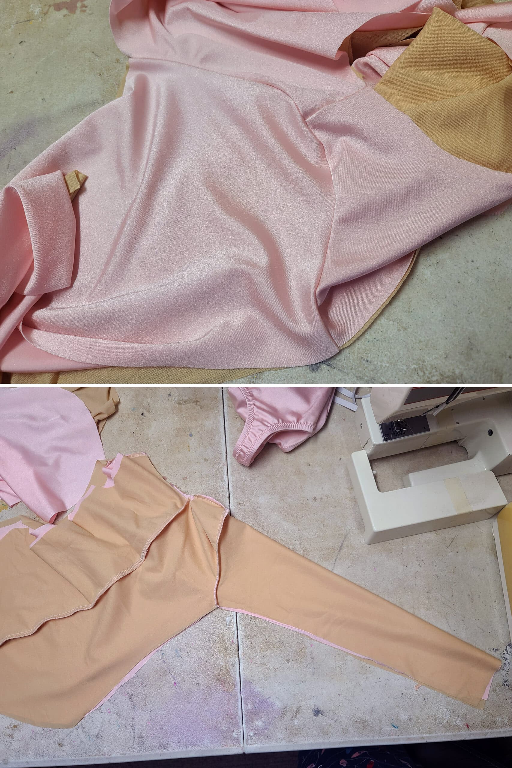 2 part image showing the sewn in sleeve and bodysuit flipped inside out, with the side seam and sleeve seams lined up.