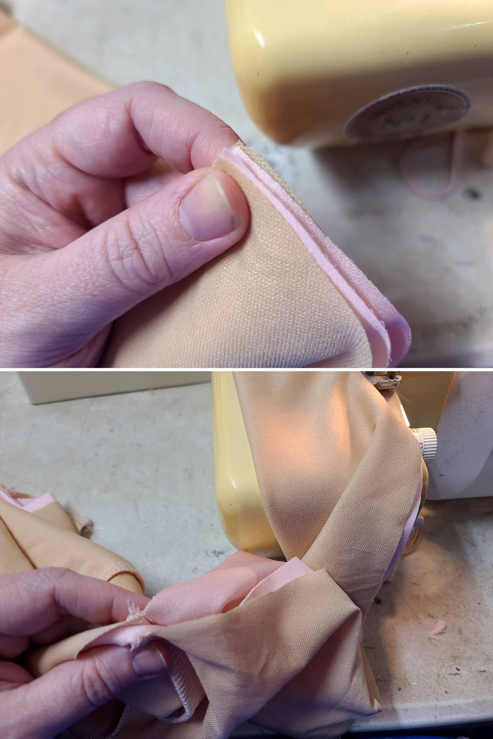 2 part image showing the sleeve being held together at the arm and placed in a serger, then the remaining seam stretched out.