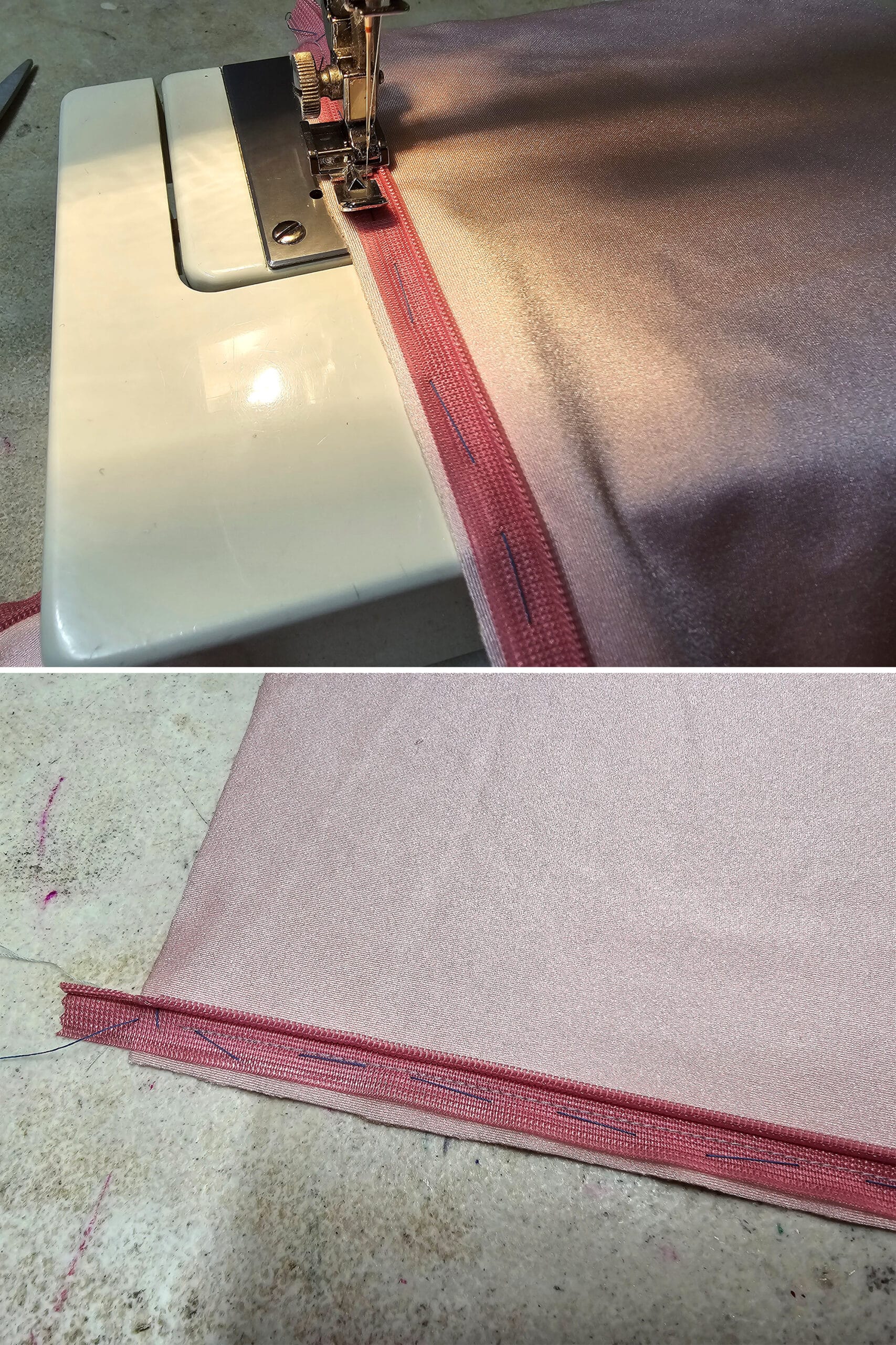 2 part image showing a straight seam being sewn down the length of a pink invisible zipper.