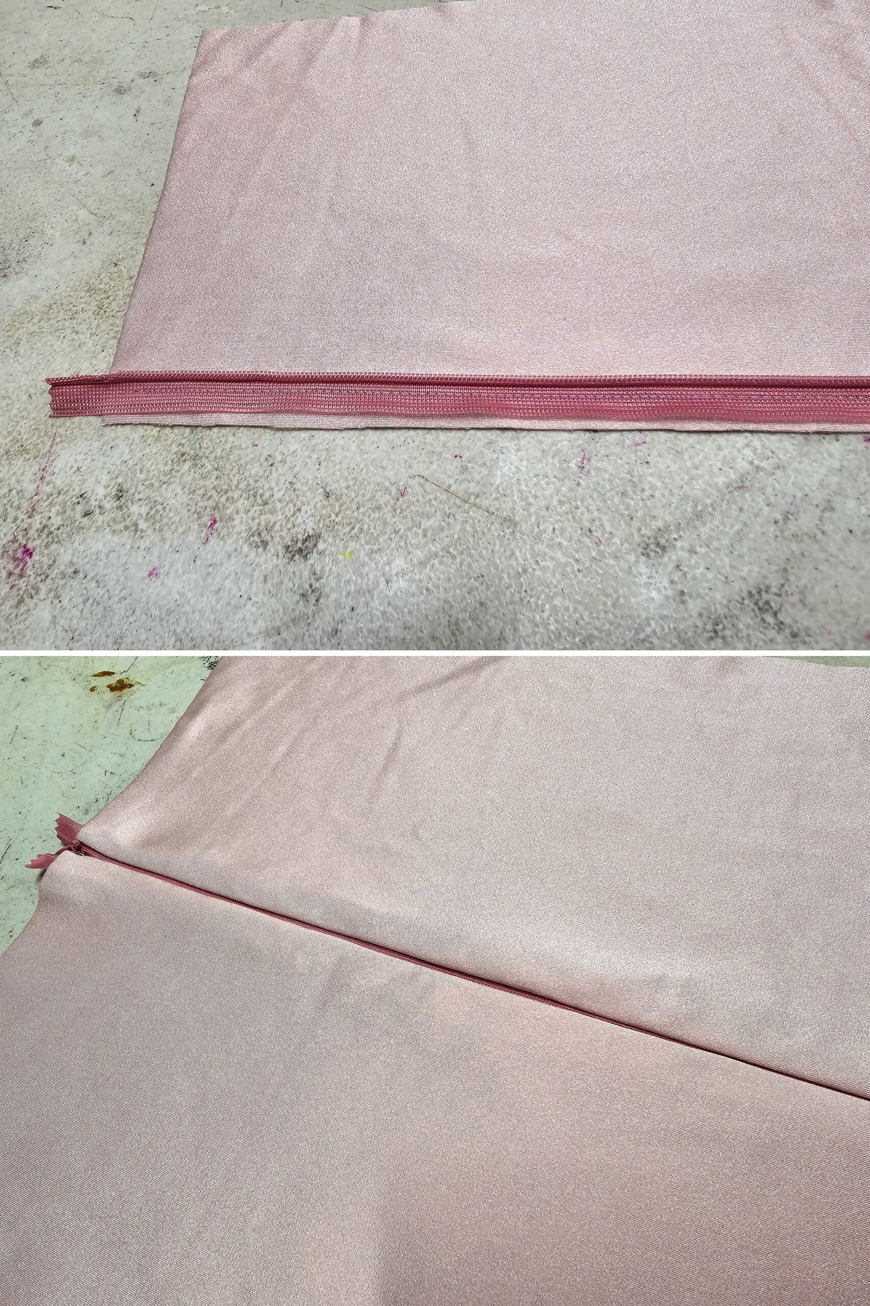 2 part image showing the first straight seam being sewn onto the second side of the fabric, then zipped shut to ensure everything lays flat,