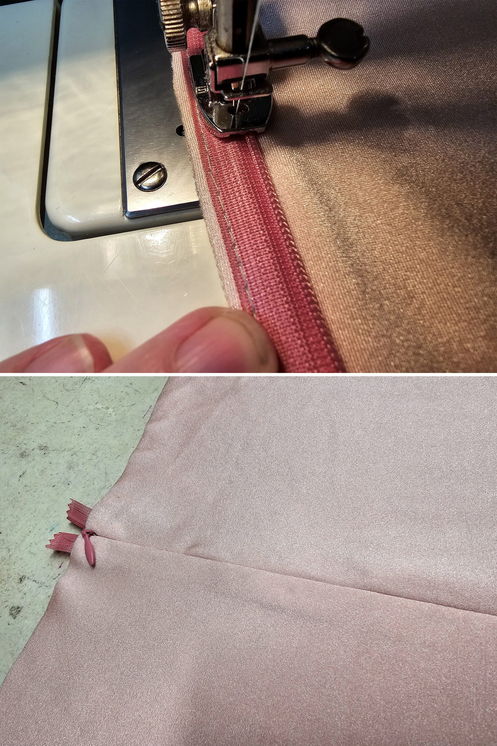 2 part image showing an invisible zipper being sewn with an invisible zipper foot.