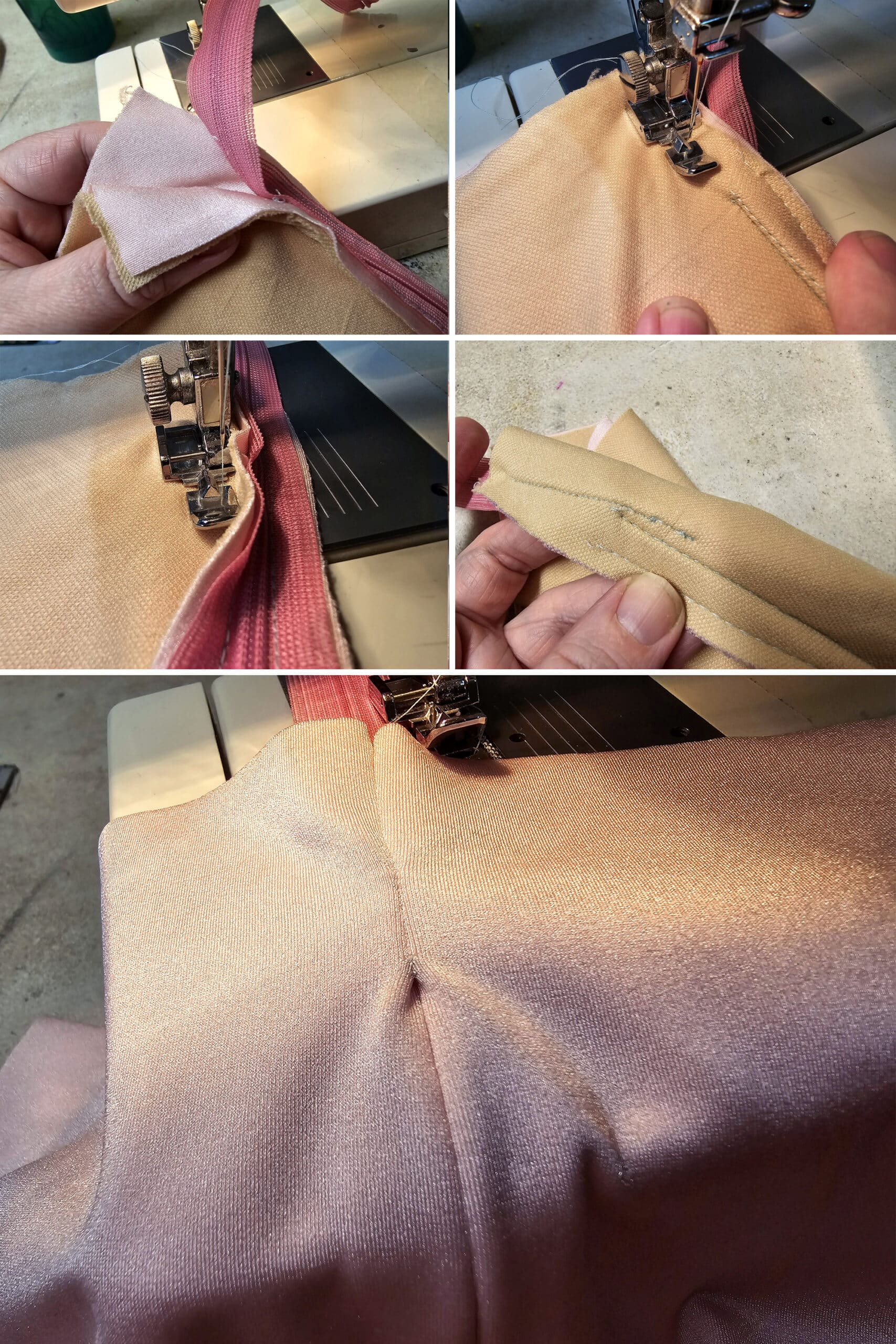 5 part image showing the bottom of the center back seam being sewn together, up to the invisible zipper. The final image shows the finished invisible zipper insertion.