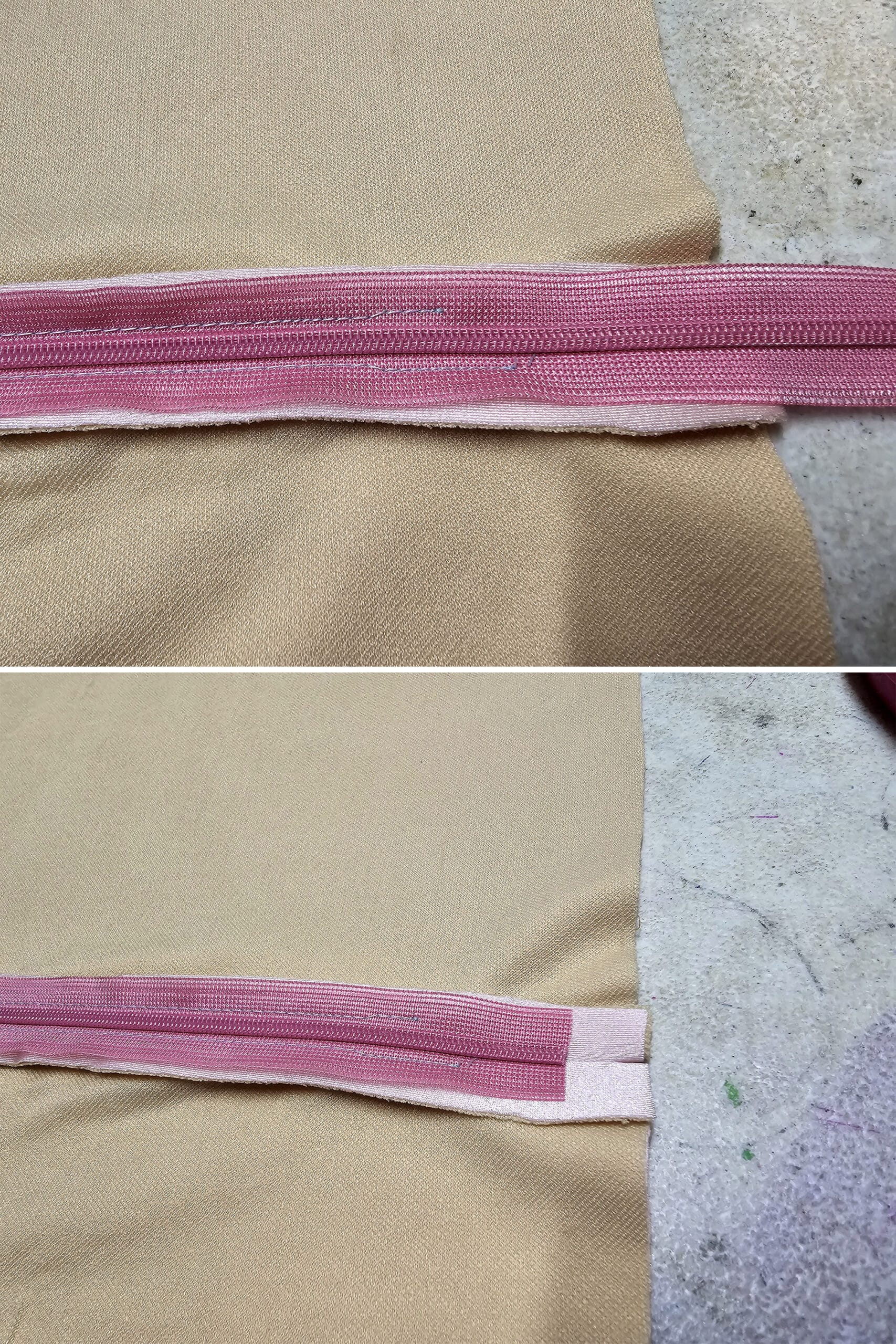 2 part image showing the loose end of the invisible zipper being trimmed to an inch or so below the insertion seam.