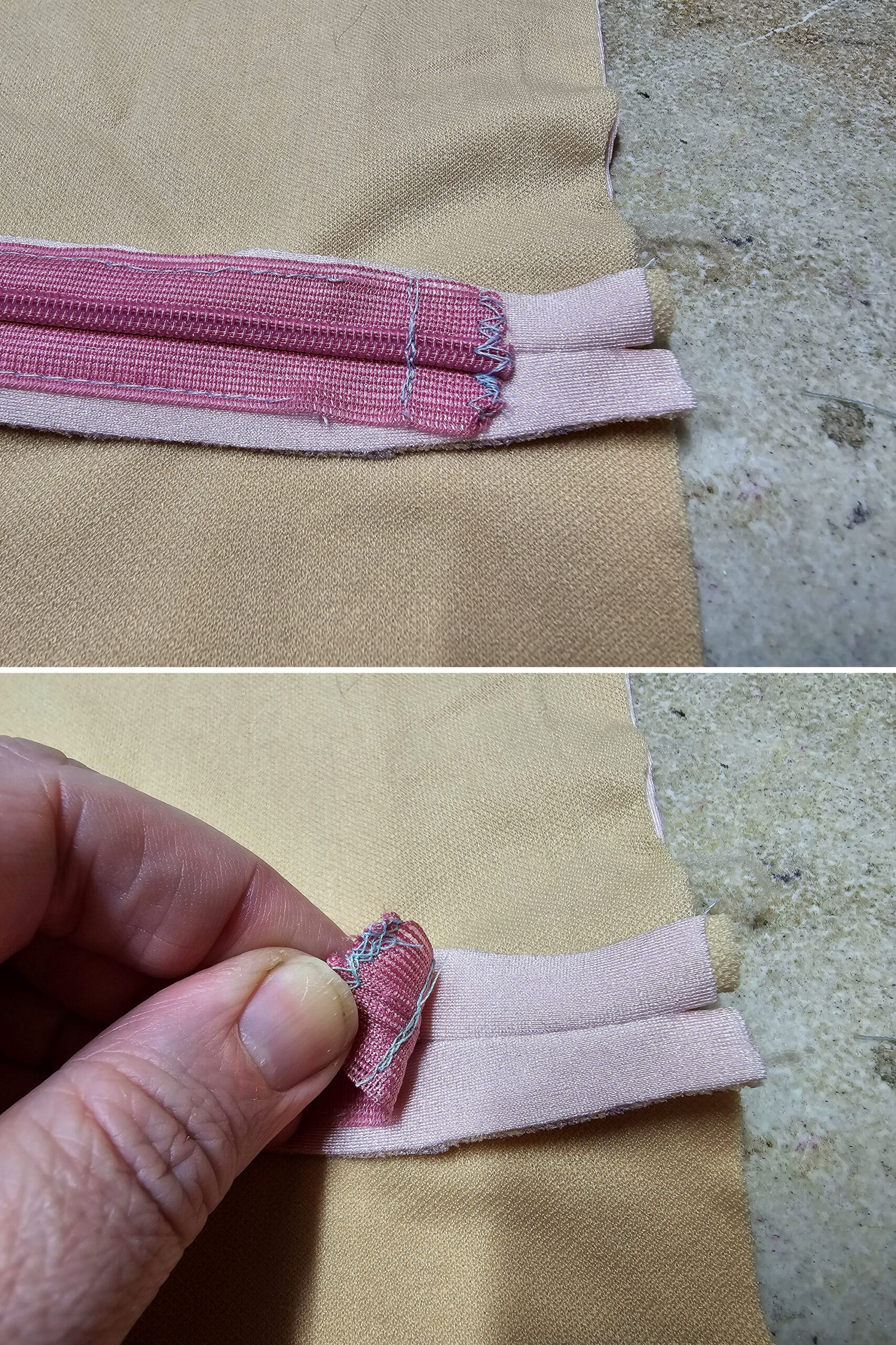 2 part image showing the edge of a pink invisible zipper trimmed then finished off with both a straight seam and a zig zag stitch.