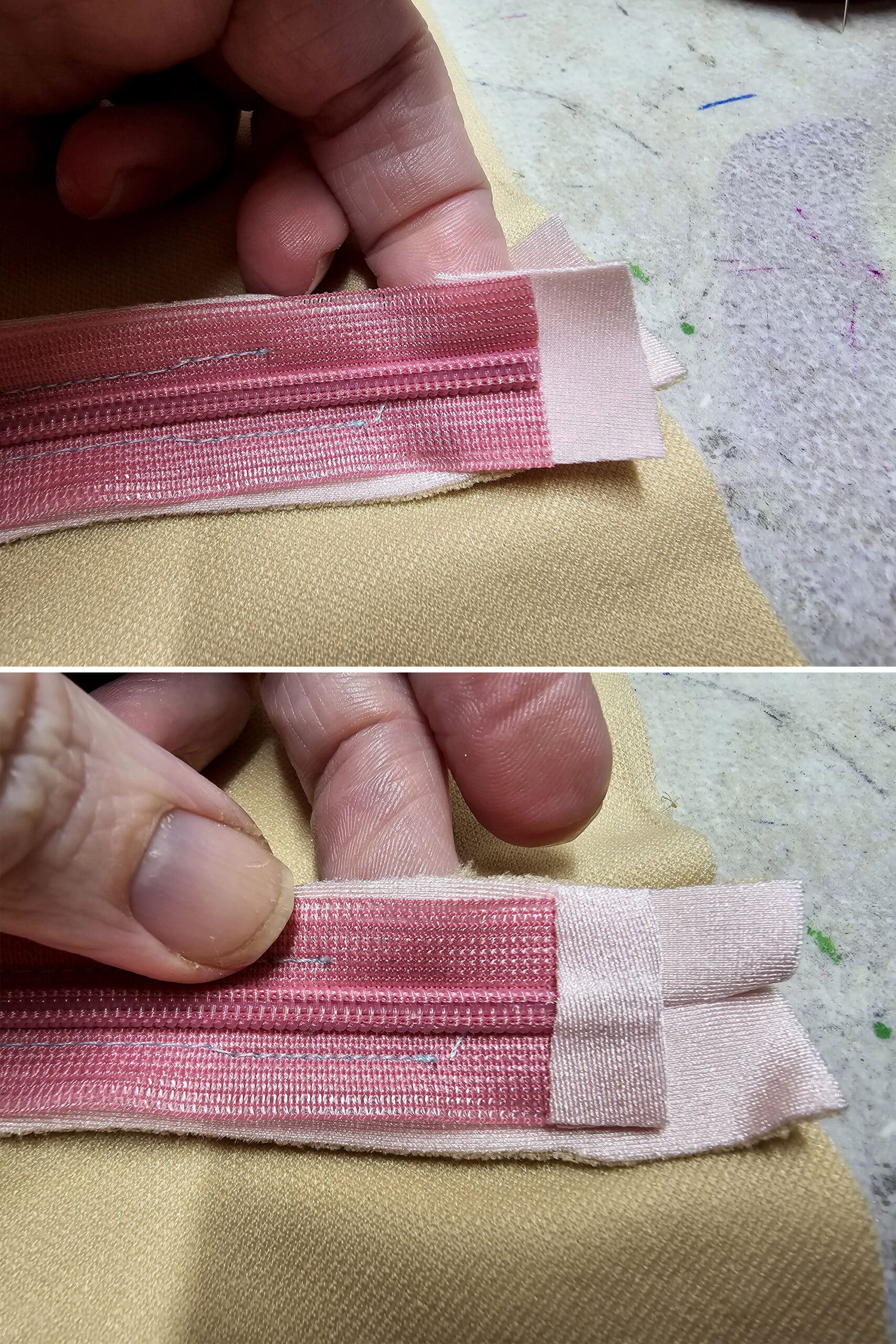 2 part image showing a small rectangle of pink spandex being wrapped around the bottom edge of a trimmed invisible zipper.