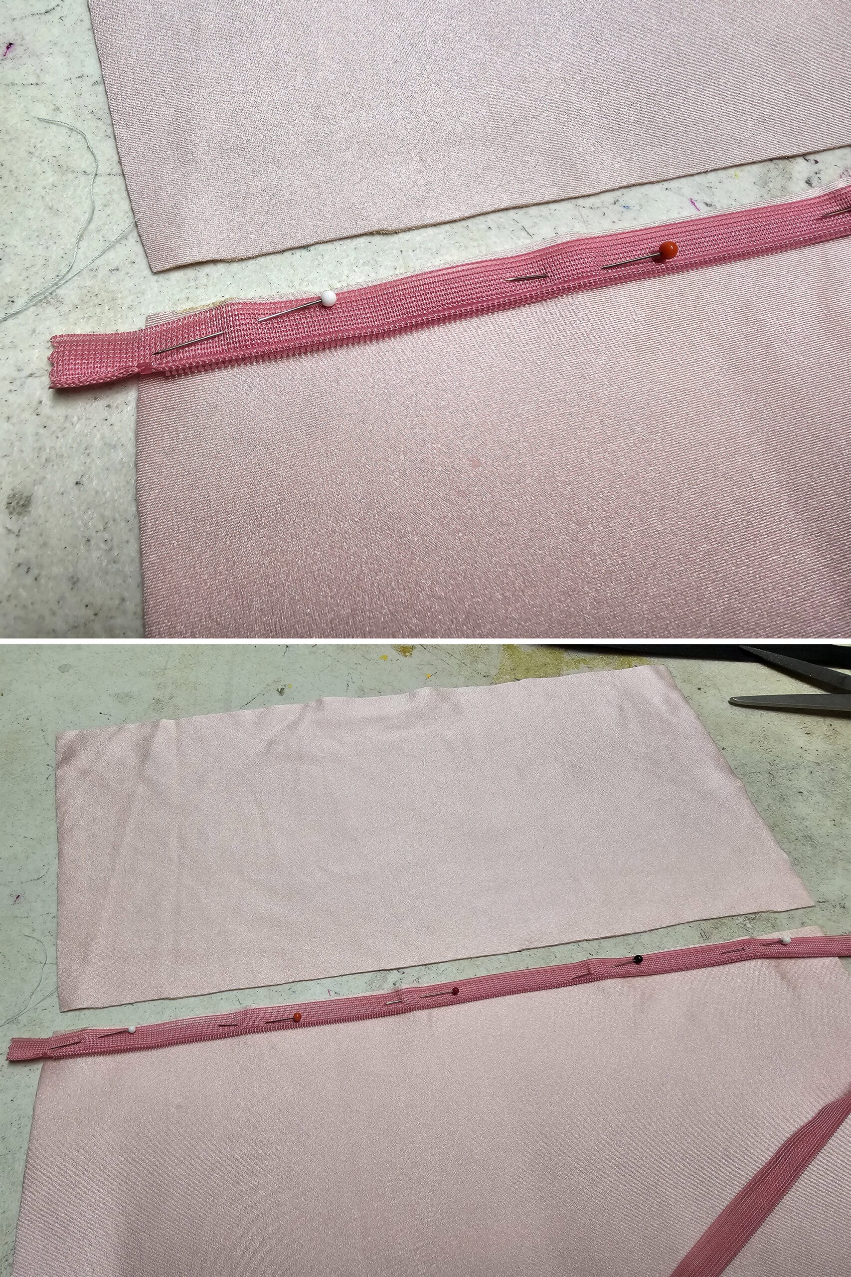 2 part image showing the first half of an invisible zipper being pinned into place.