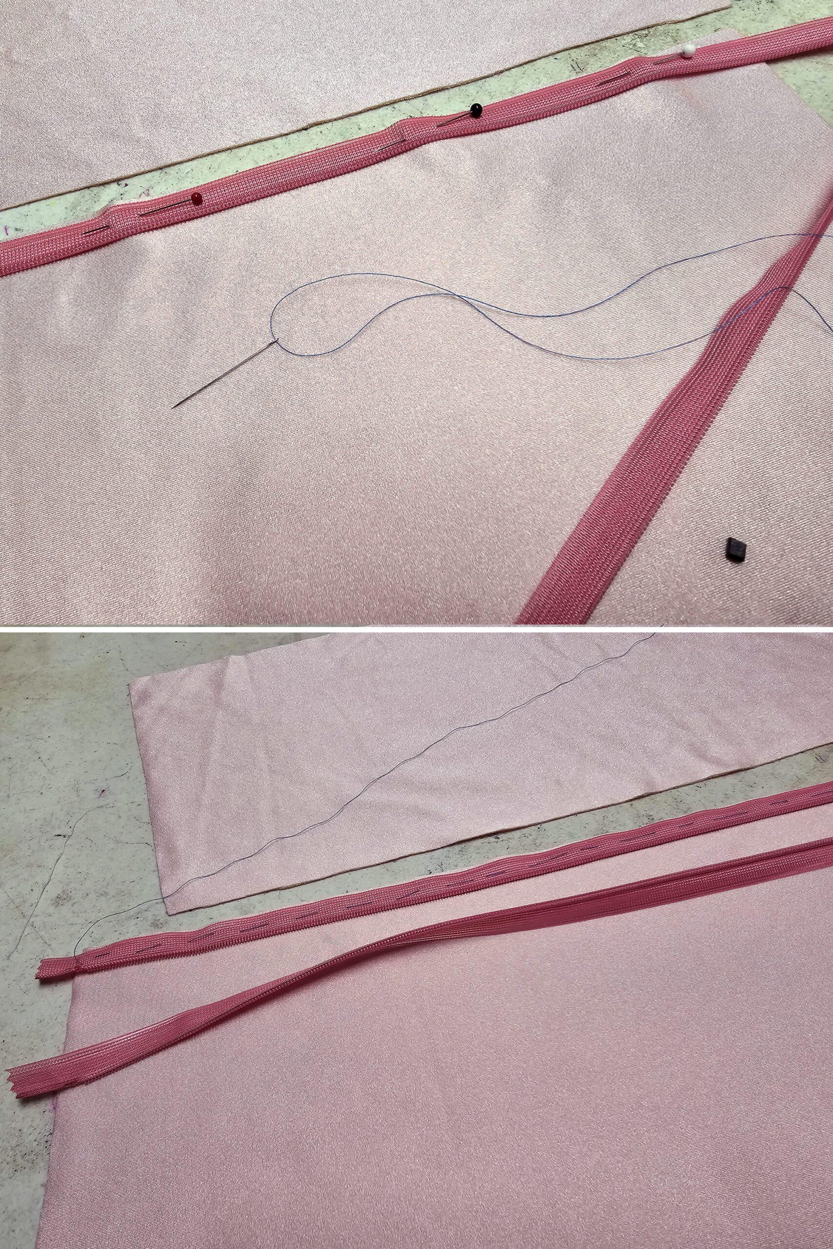 2 part image showing the first side of an invisible zipper being basted into place.