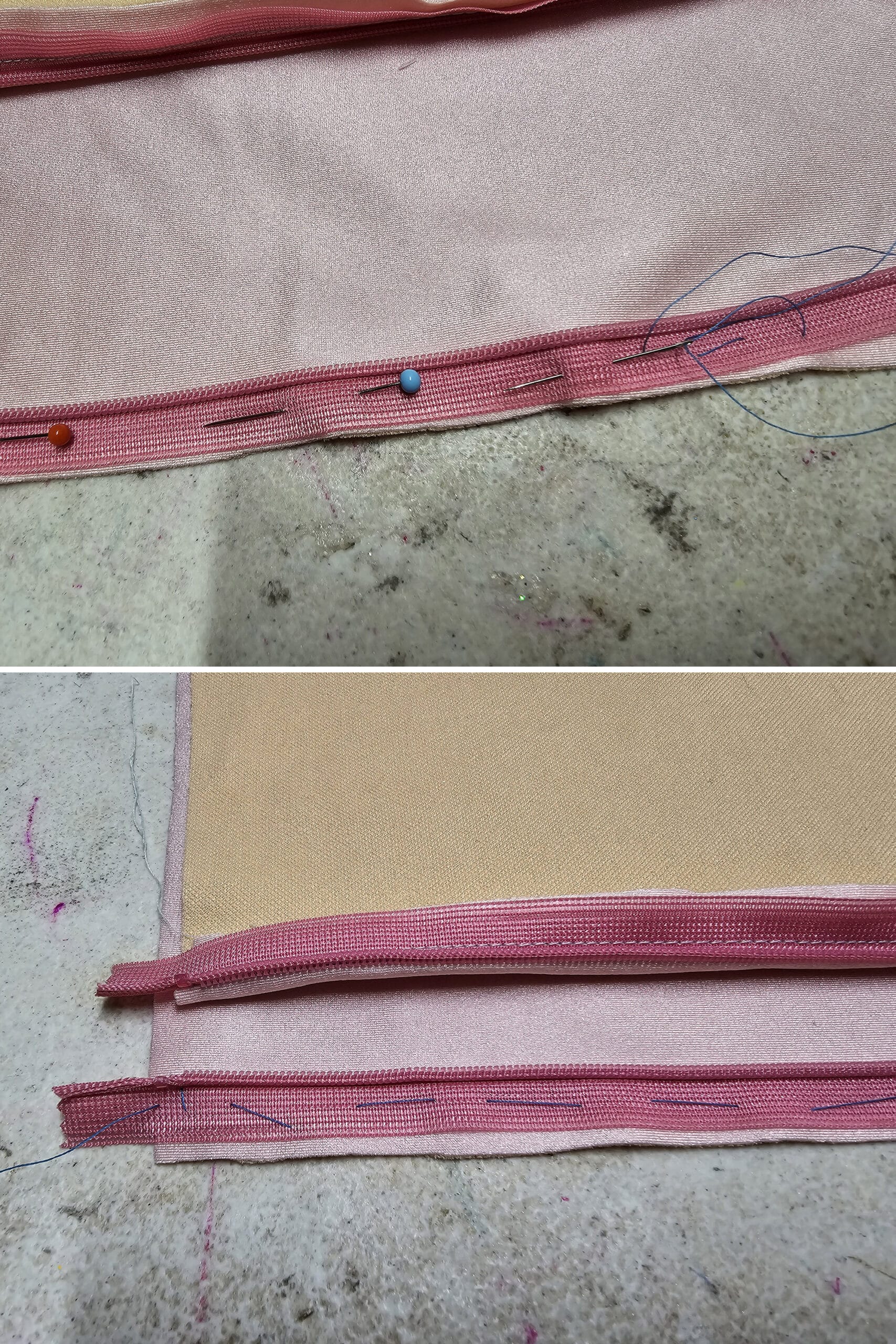 2 part image showing the second half of a pink invisible zipper being pinned then basted into place.