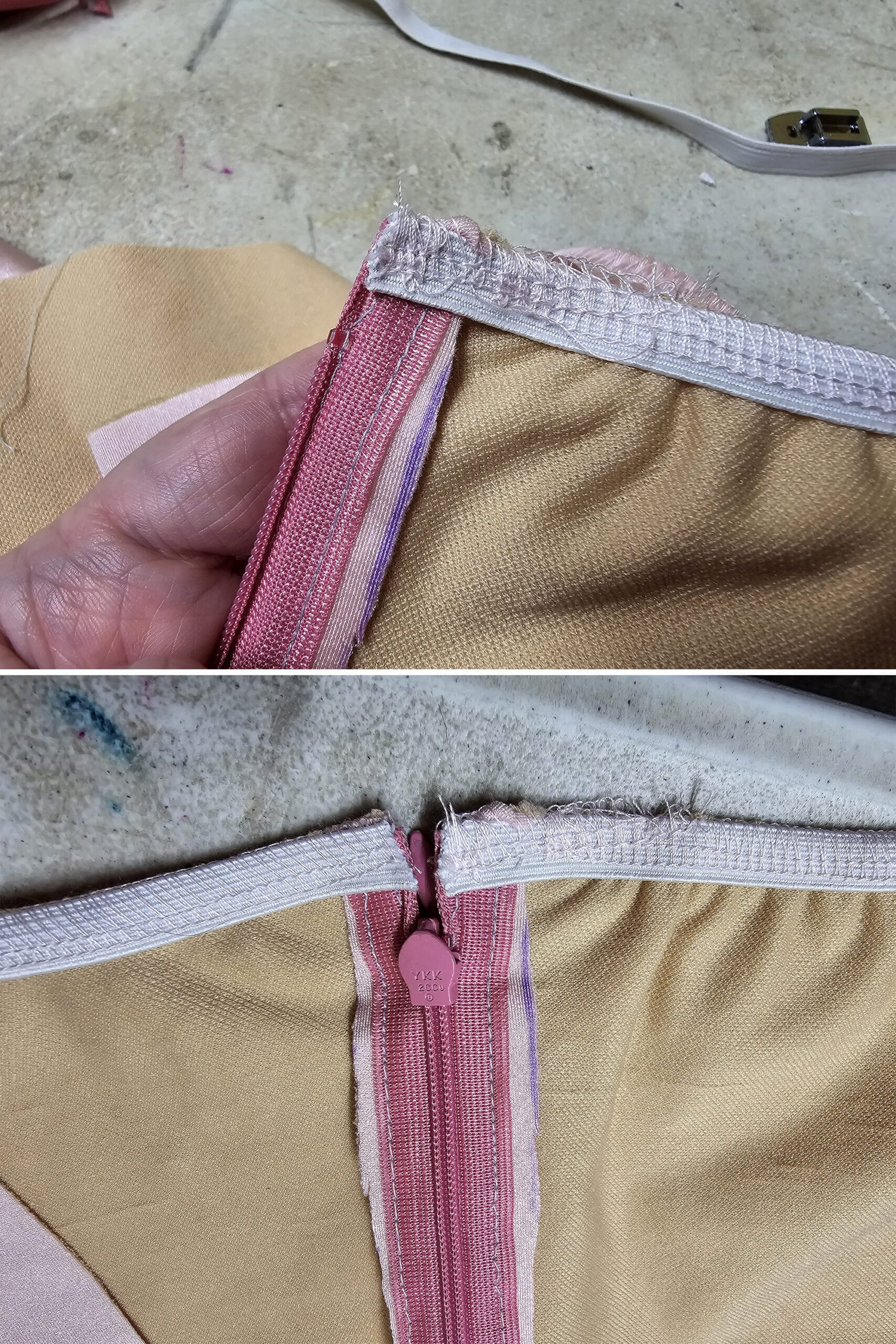 2 part image showing elastic being serged across the neckline of a bodysuit with an invisible zipper sewn in.