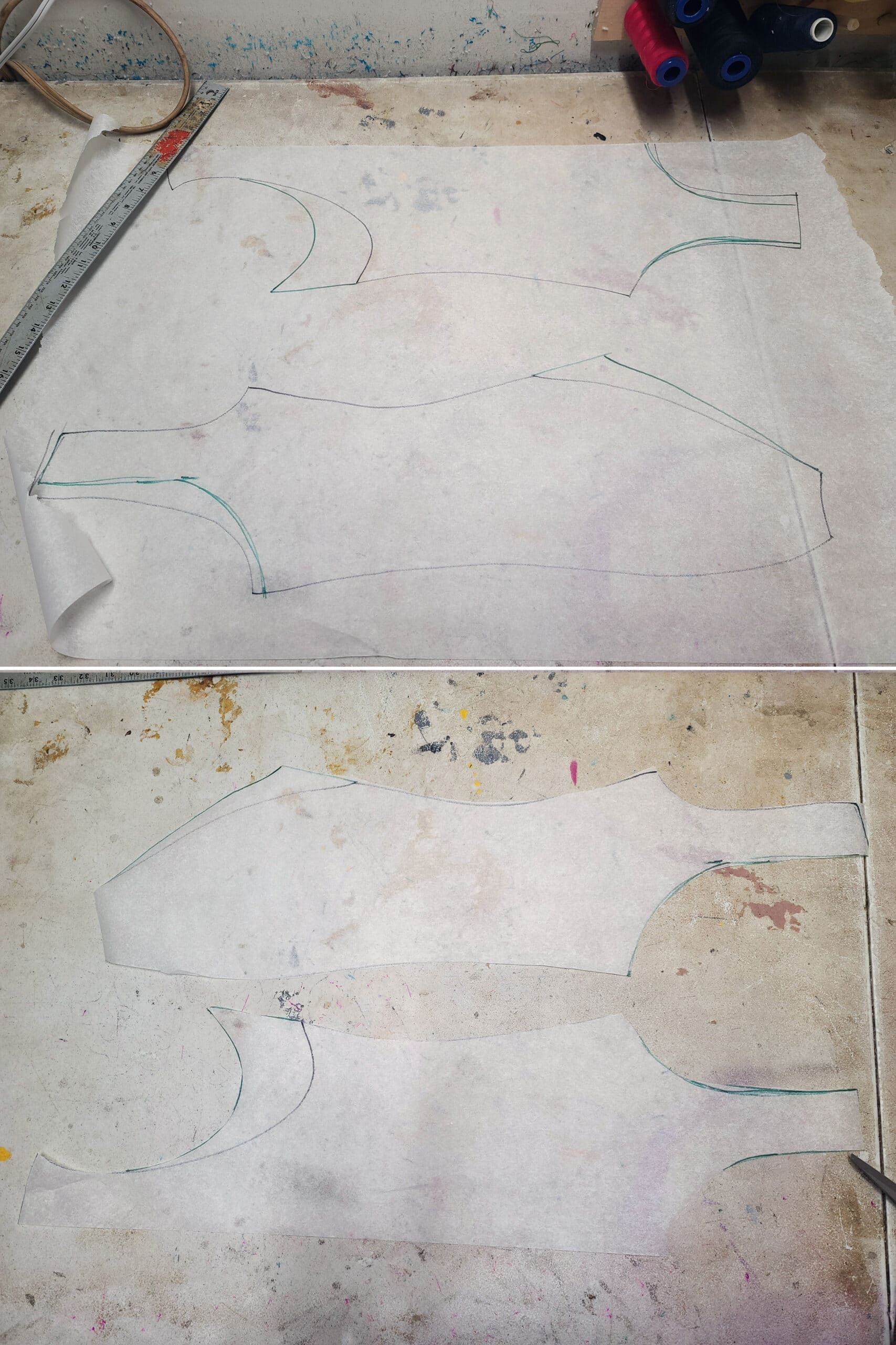 2 part image showing a bodysuit pattern made of exam table paper.