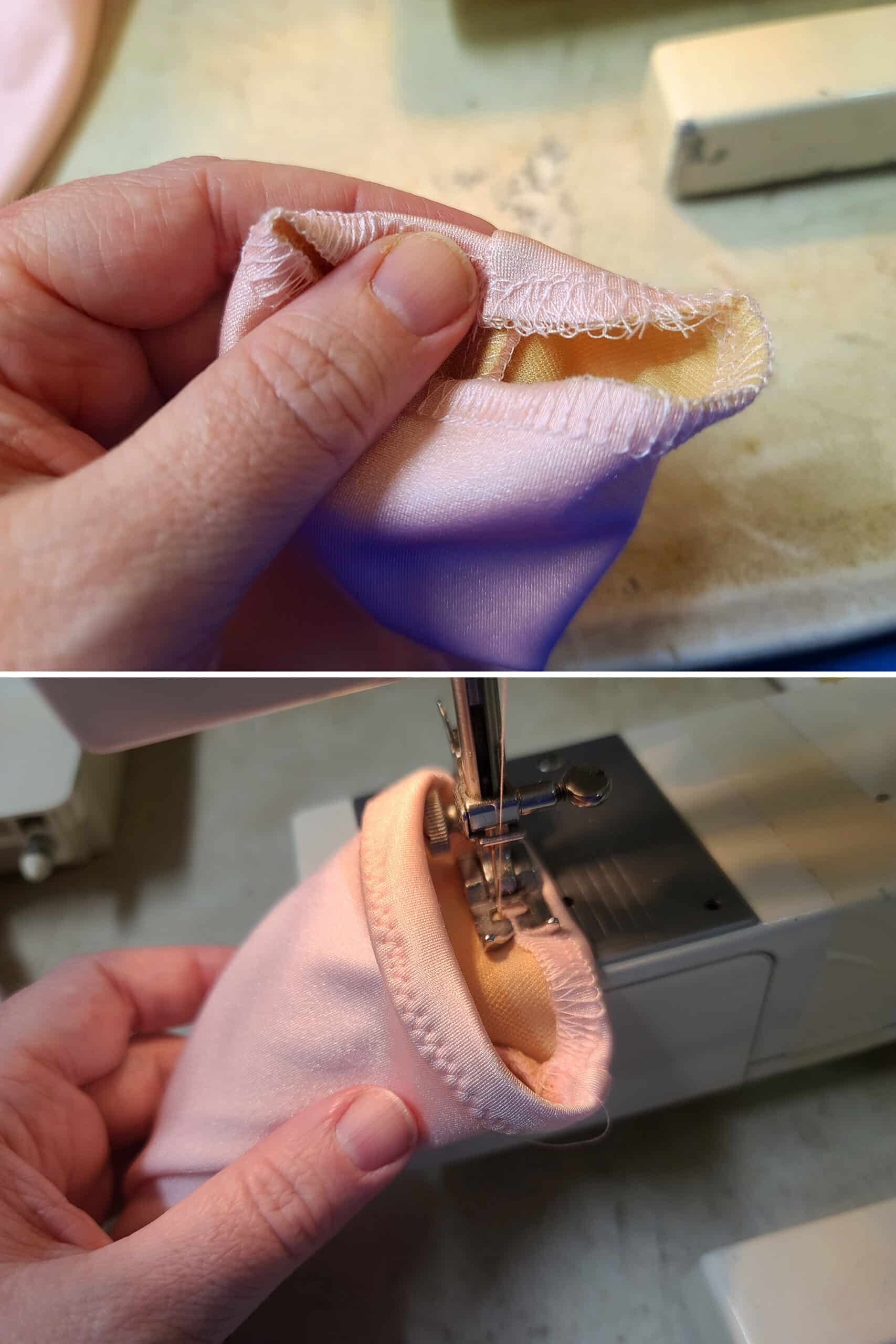 2 part image showing the cuff of the sleeve being turned and stitched down.