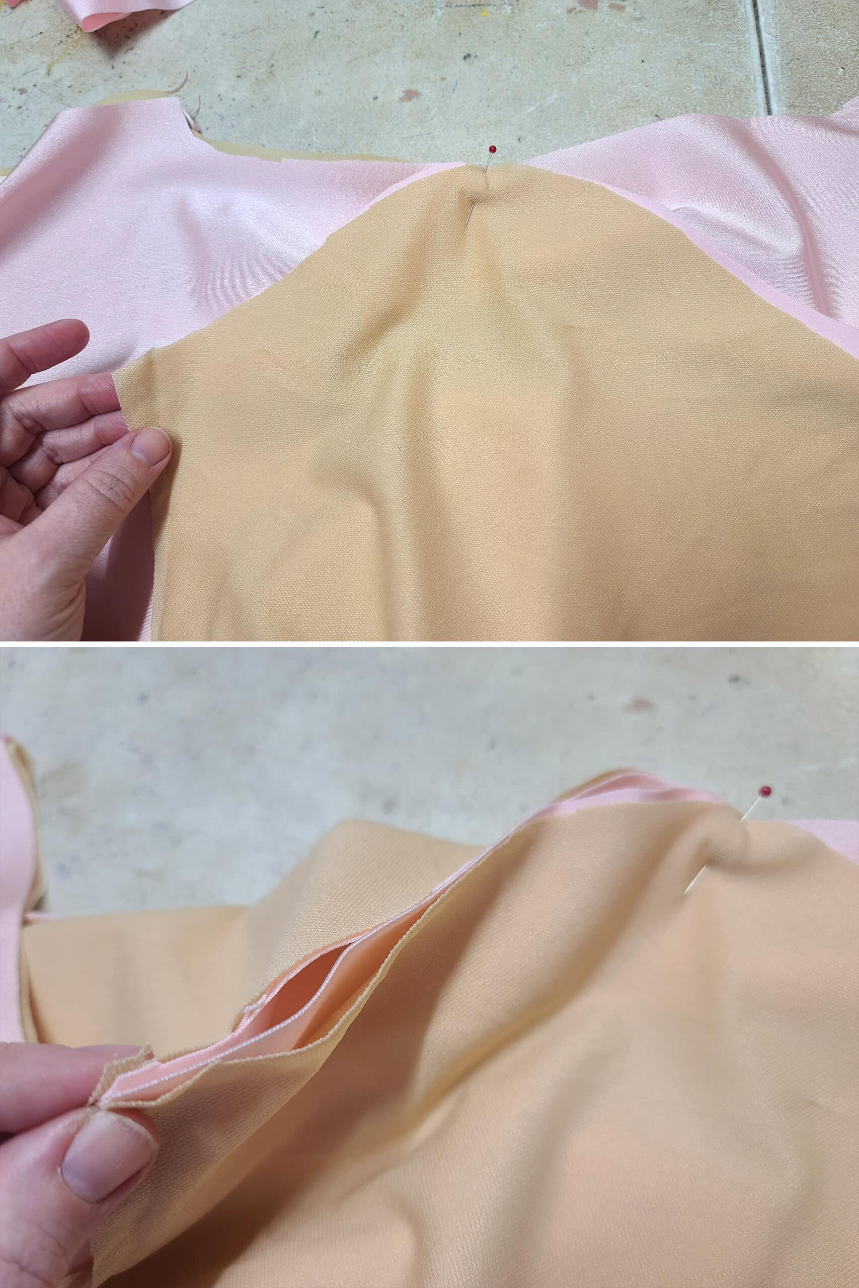 2 part image showing a sleeve being pinned to a basic bodysuit.