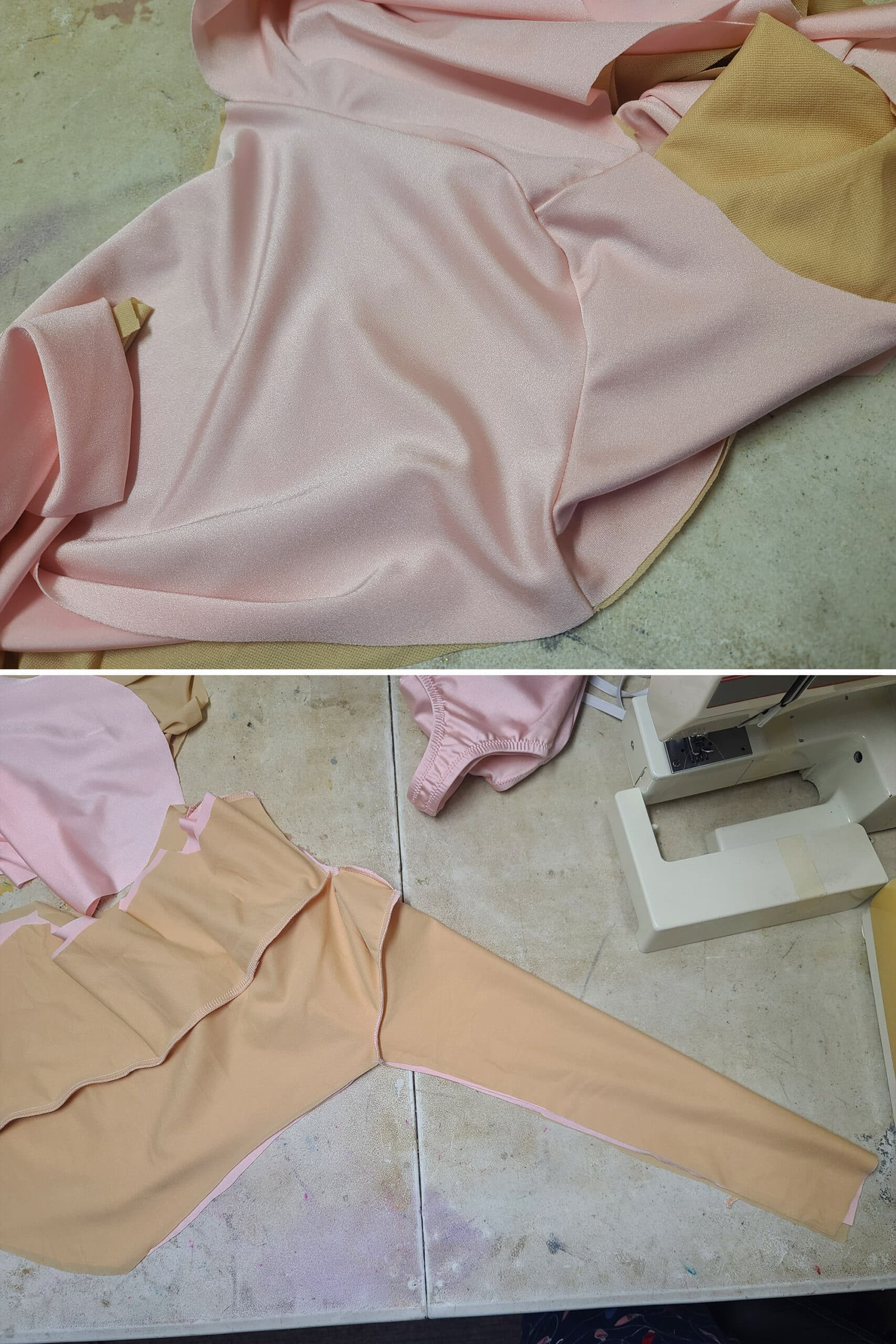 2 part image showing the sewn shoulder seam, then the bodysuit turned inside out.