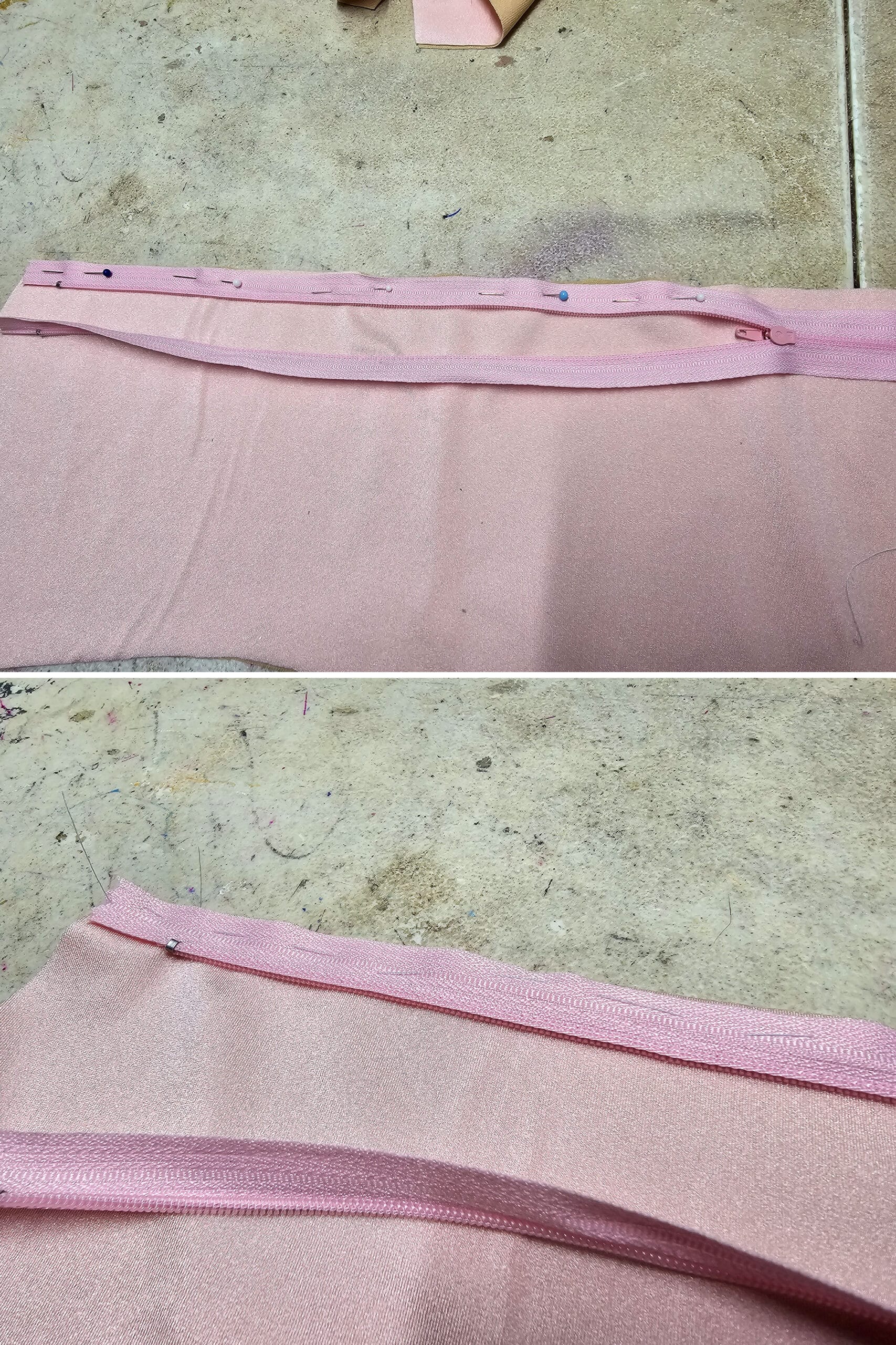 2 part image showing a regular pink zipper being pinned then hand basted onto a rectangle of pink spandex.