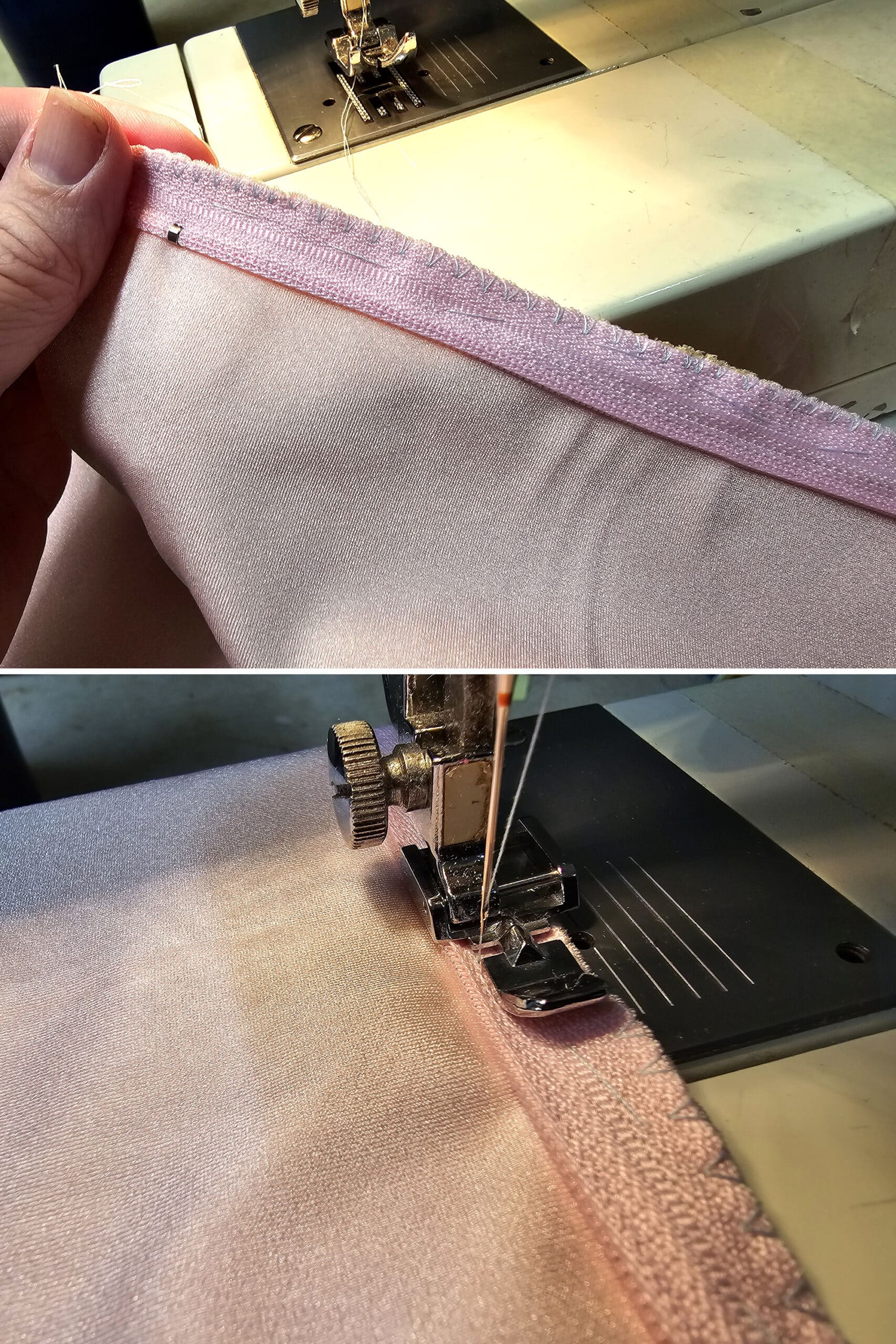 2 part image showing the zipper with a zig zag stitch along the edge, then being sewn with a regular zipper foot.