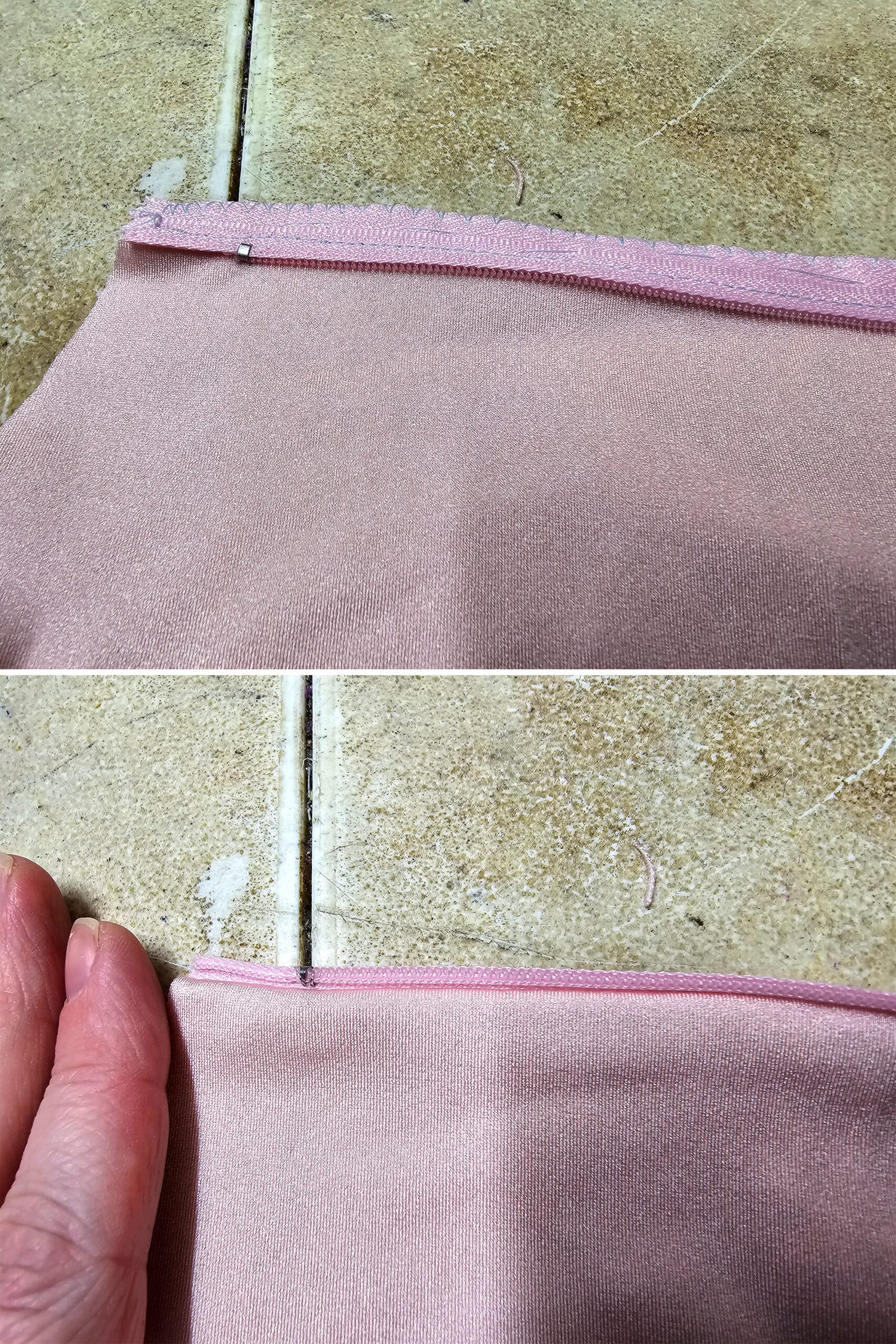 2 part image showing the first half the the zipper inserted, then folded back to show what that side looks like.