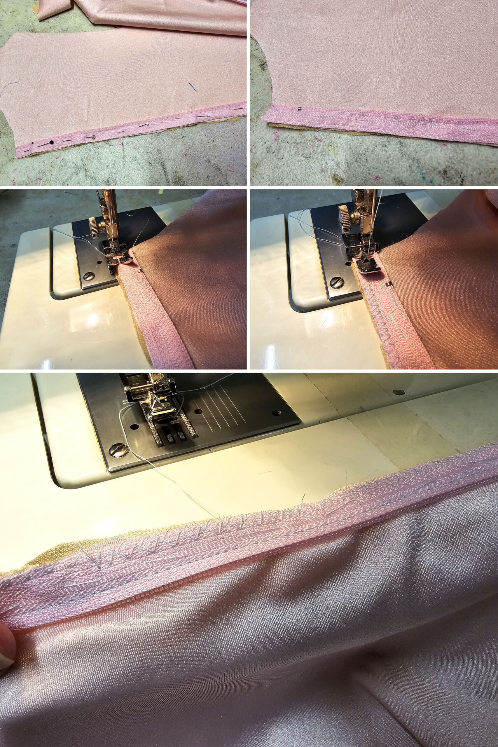 5 part image showing the second side of the zipper being pinned, based, zig zagged, and straight stitched, the same as the first side.